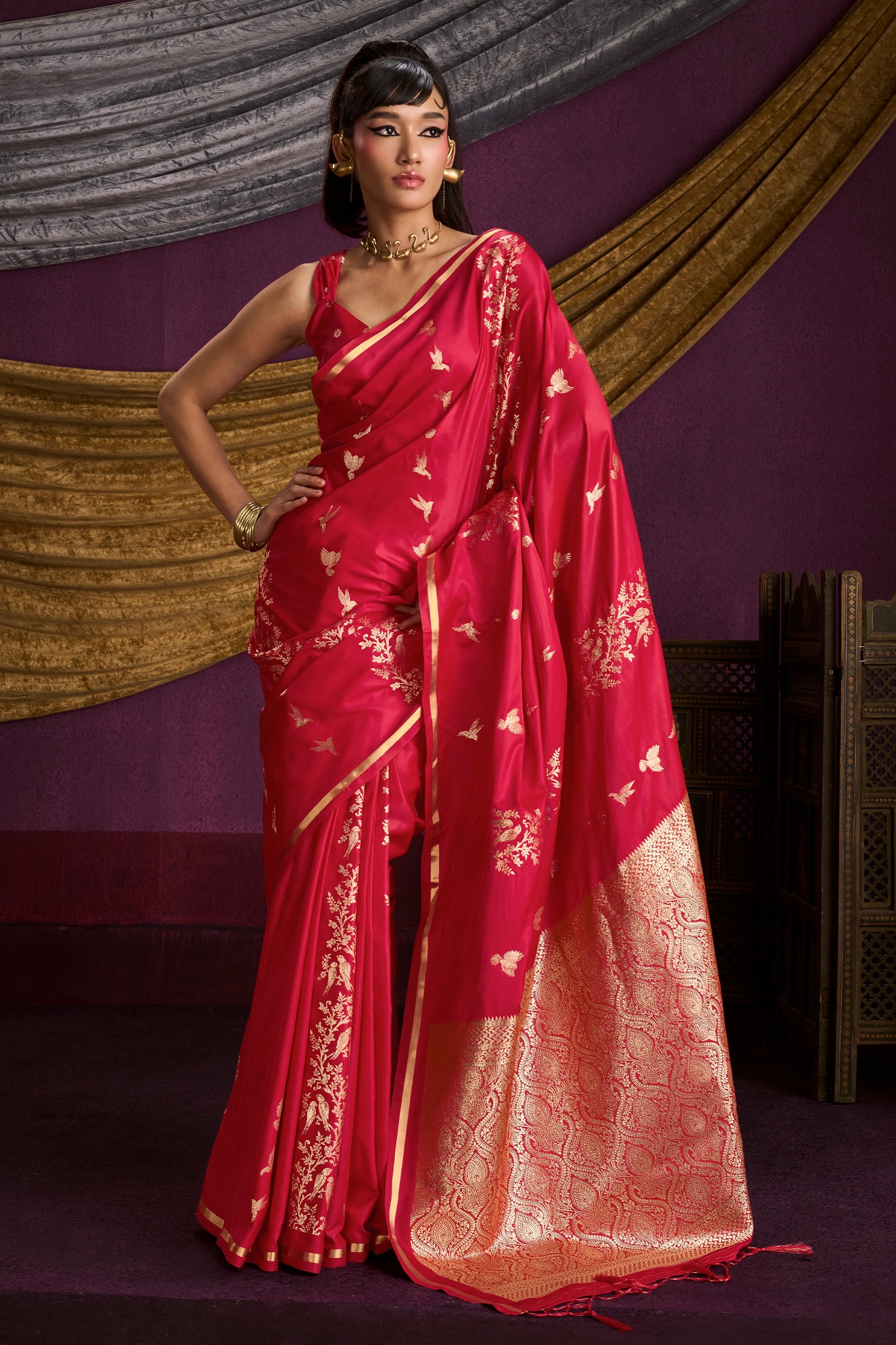 Crimson Red Woven Satin Silk Saree-SAR12334_1_SareeButa.com