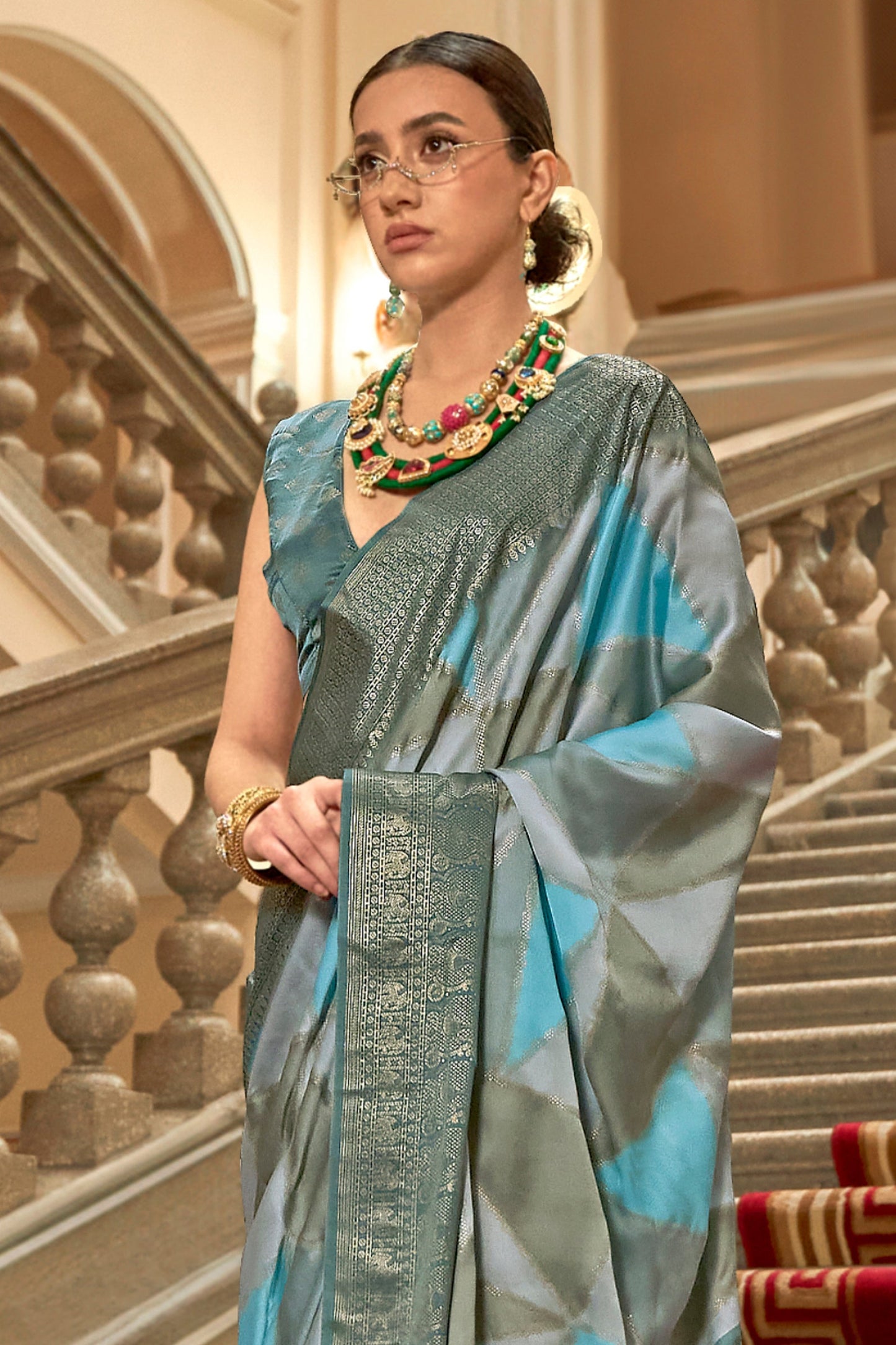 Cyan Blue And Grey Printed Satin Silk Saree-SAR10189_3_SareeButa.com