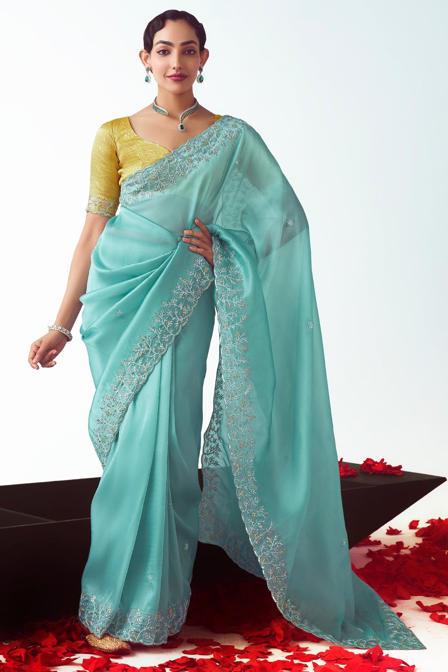 Cyan Blue Embroidered Organza Saree-ZB134775_1_SareeButa.com