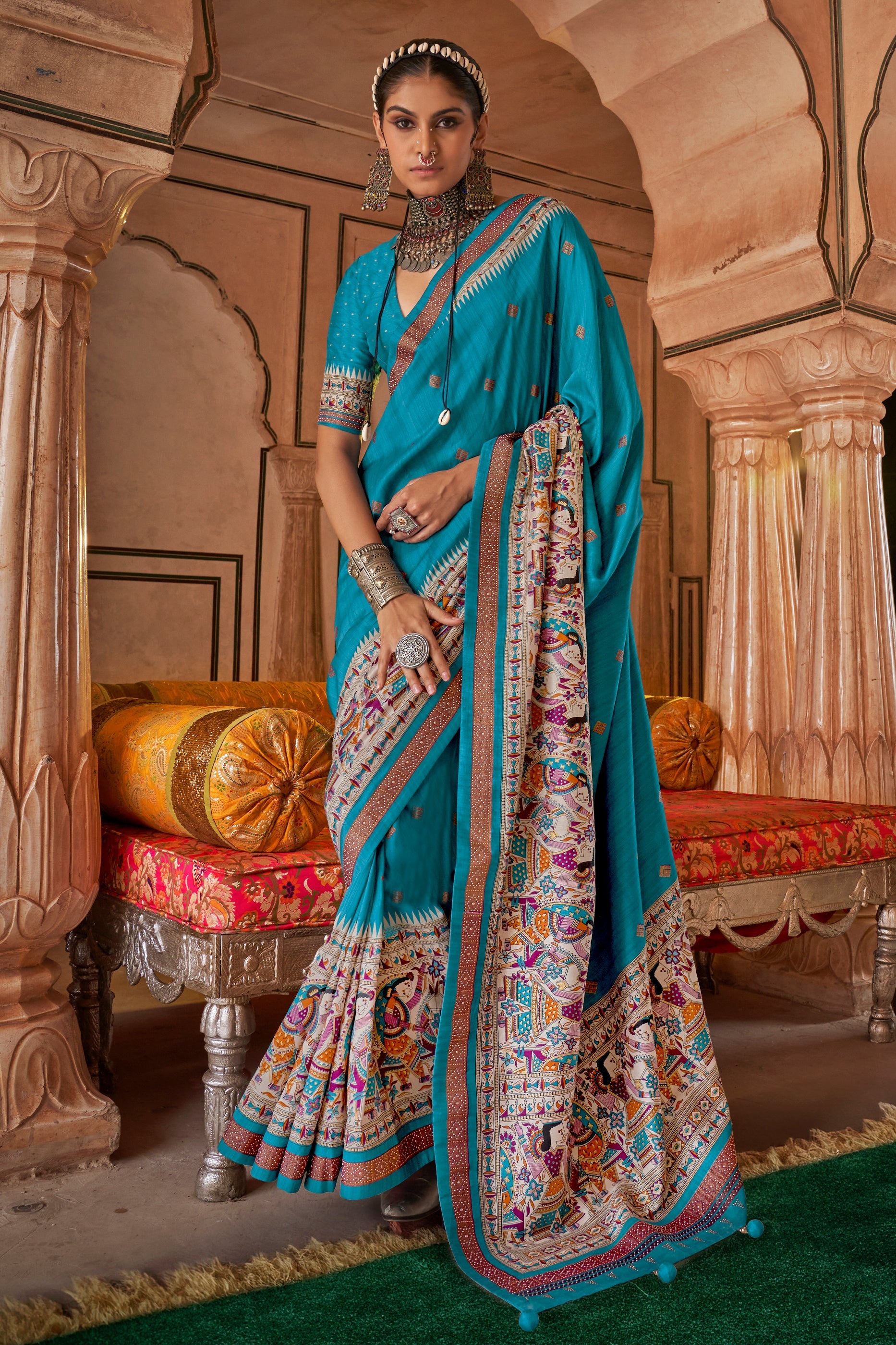 Cyan Blue Printed Viscose Silk Saree-SAR10087_1_SareeButa.com