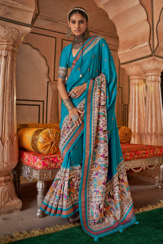 Cyan Blue Printed Viscose Silk Saree-SAR10087_1_SareeButa.com