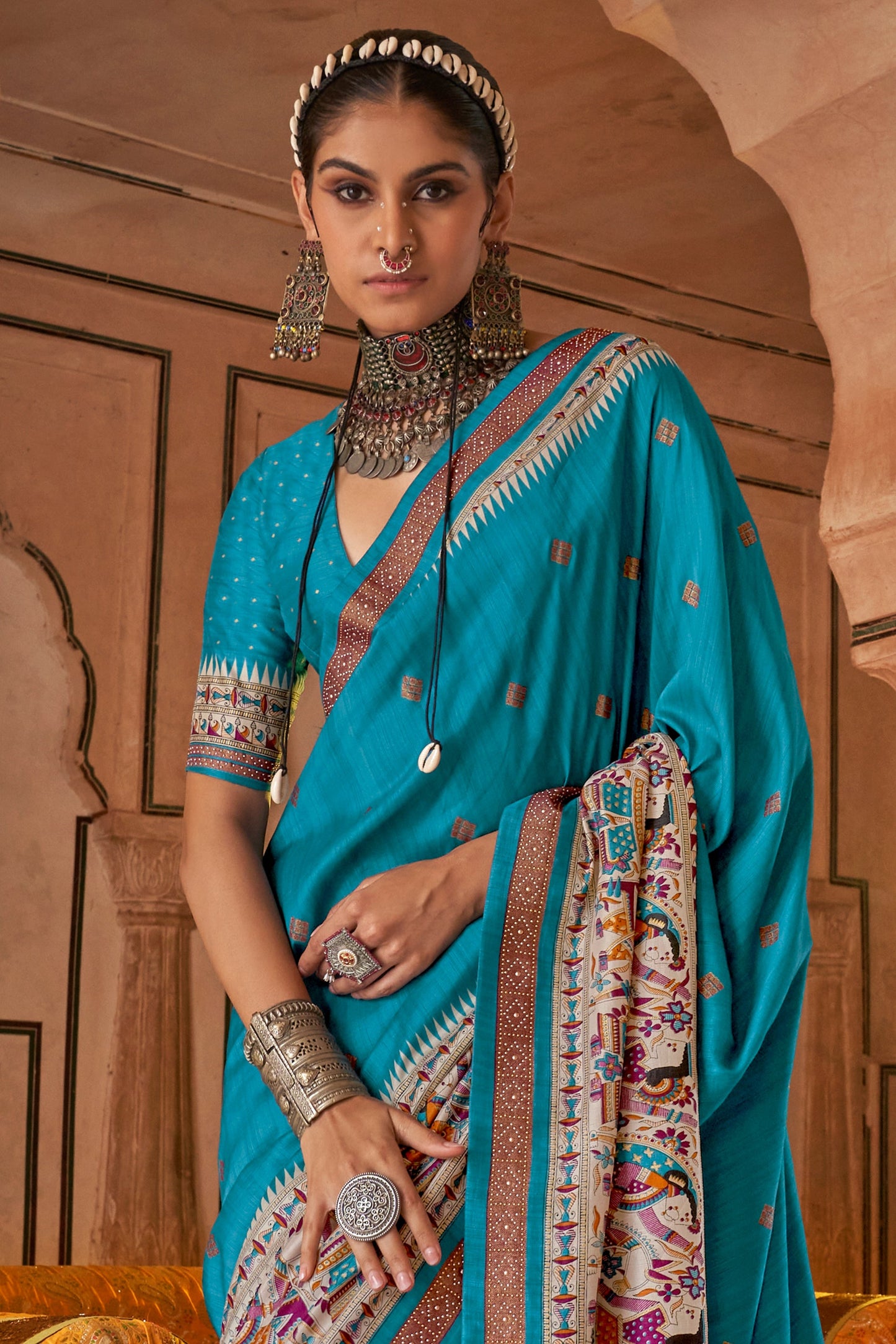 Cyan Blue Printed Viscose Silk Saree-SAR10087_3_SareeButa.com