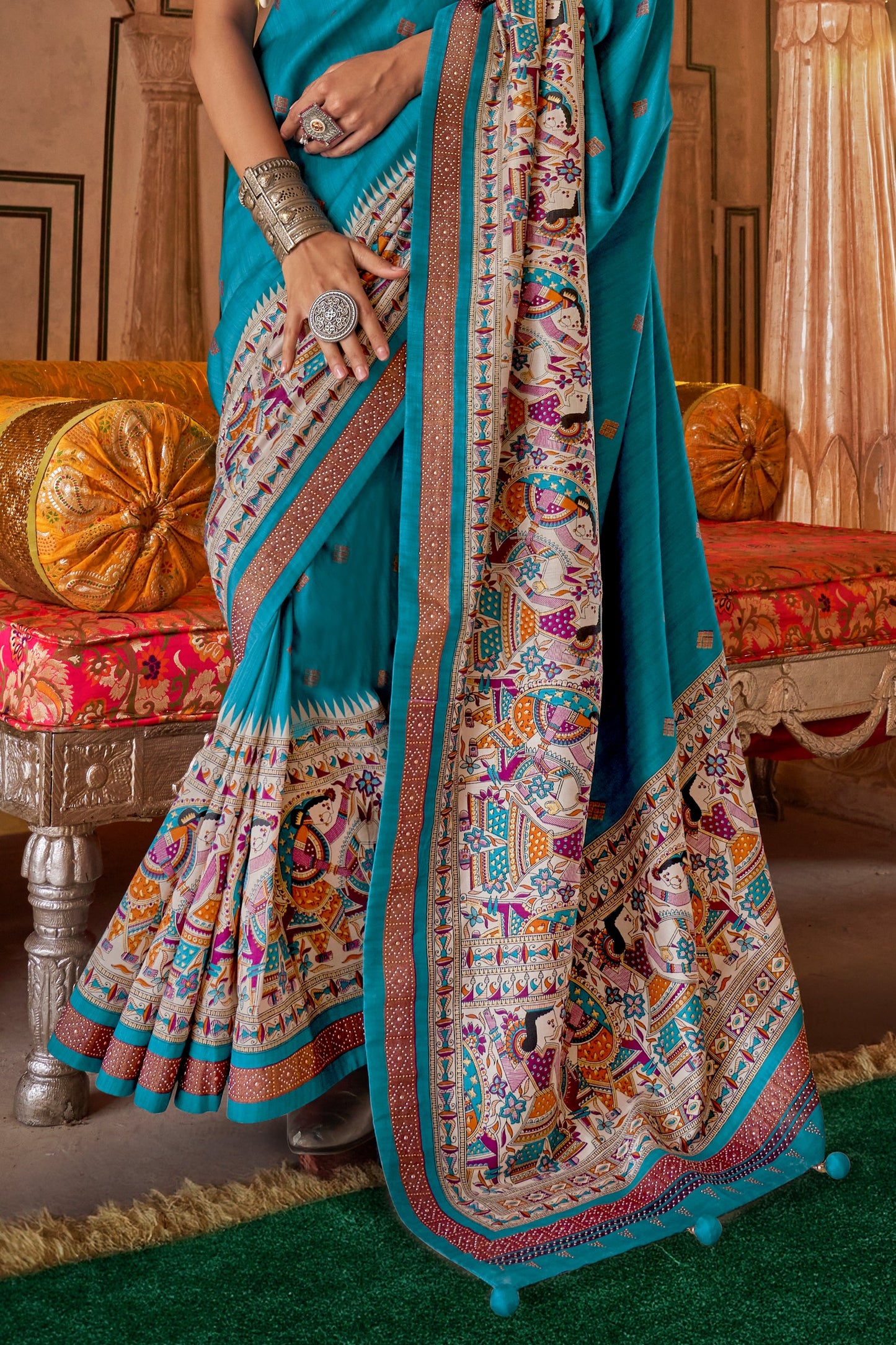 Cyan Blue Printed Viscose Silk Saree-SAR10087_4_SareeButa.com