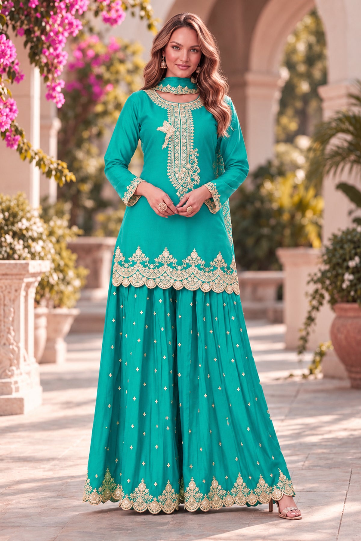 Cyan Blue Readymade Embroidered Chinon Palazzo Suit-SAR13556_1_SareeButa.com