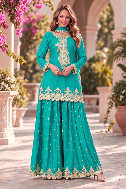 Cyan Blue Readymade Embroidered Chinon Palazzo Suit-SAR13556_1_SareeButa.com