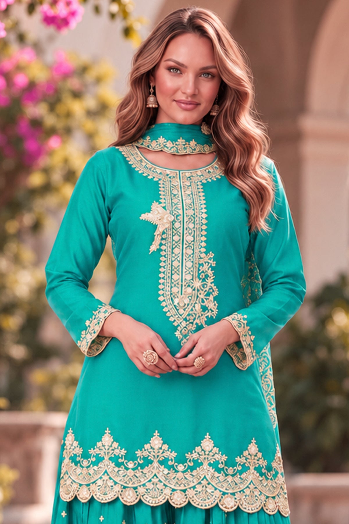 Cyan Blue Readymade Embroidered Chinon Palazzo Suit-SAR13556_3_SareeButa.com