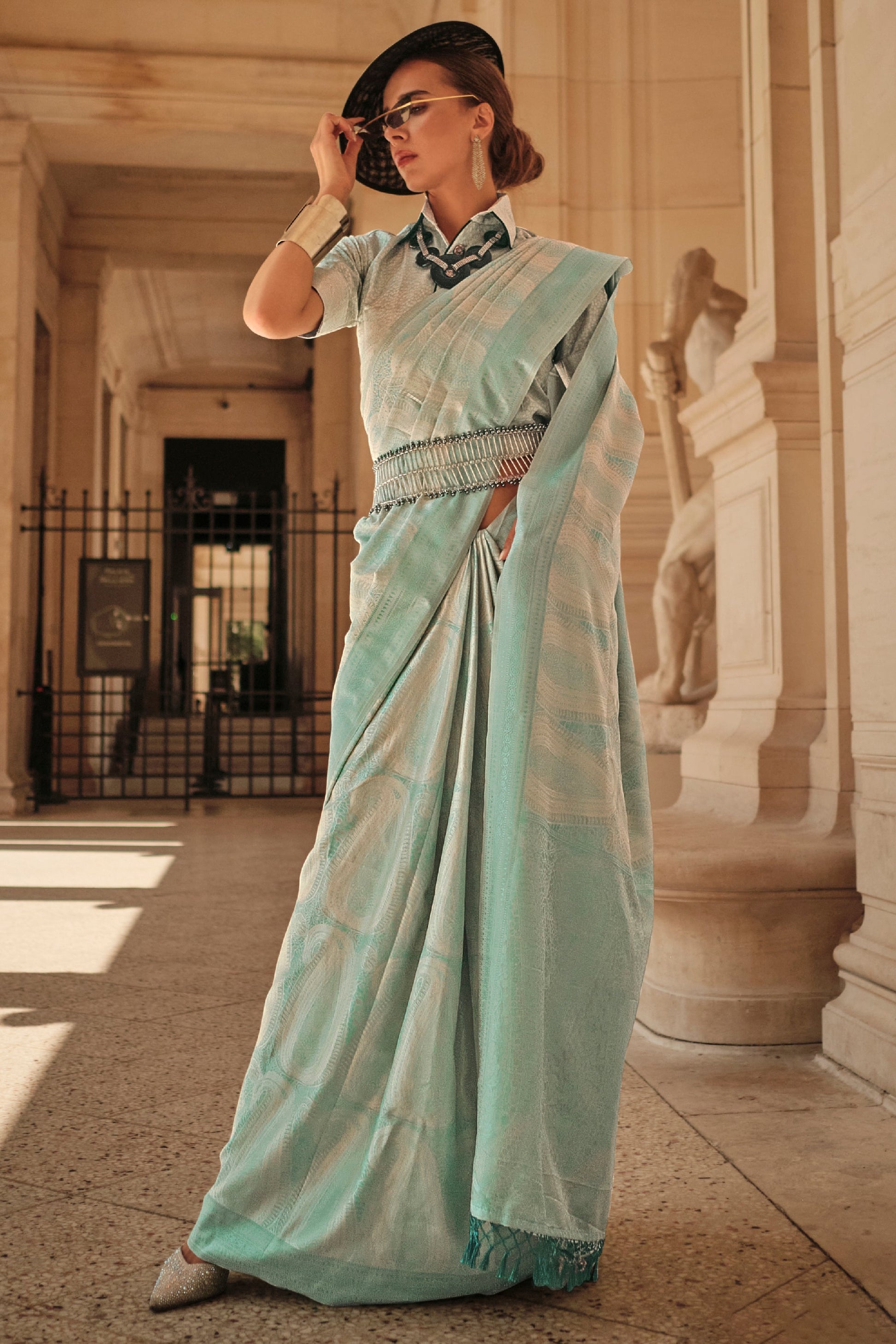 Cyan Woven Satin Saree-ZB134272_1_SareeButa.com