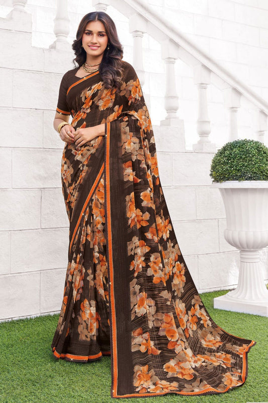 Dark Brown Printed Georgette Saree-ZB133245_1_SareeButa.com