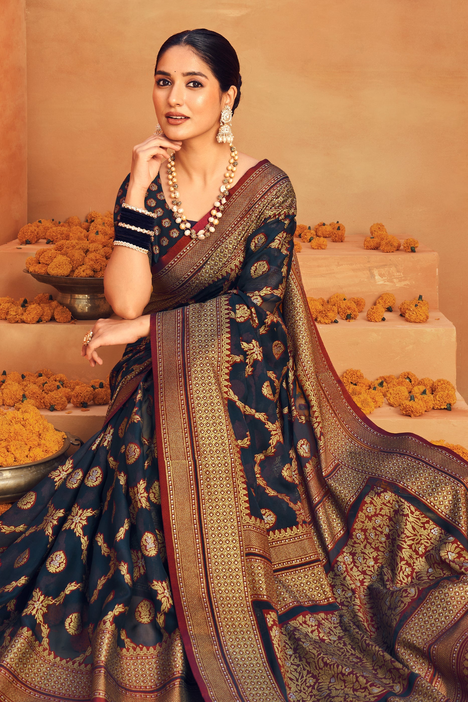 Dark Blue Printed Georgette Saree-SAR10096_2_SareeButa.com