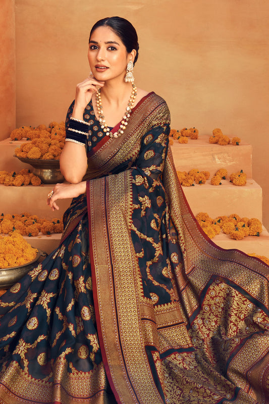 Dark Blue Printed Georgette Saree-SAR10096_2_SareeButa.com
