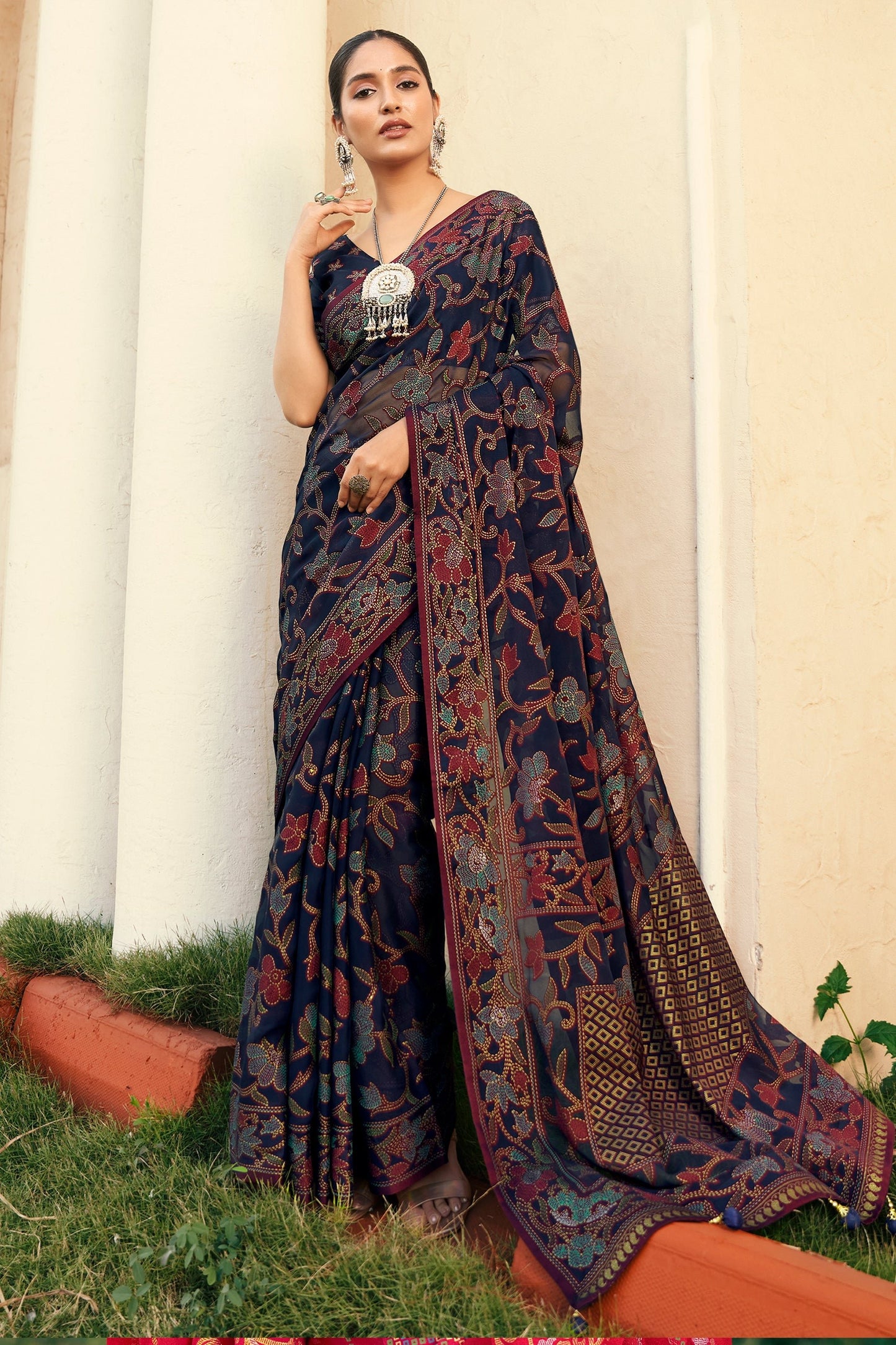 Dark Blue Printed Georgette Saree-SAR10119_1_SareeButa.com