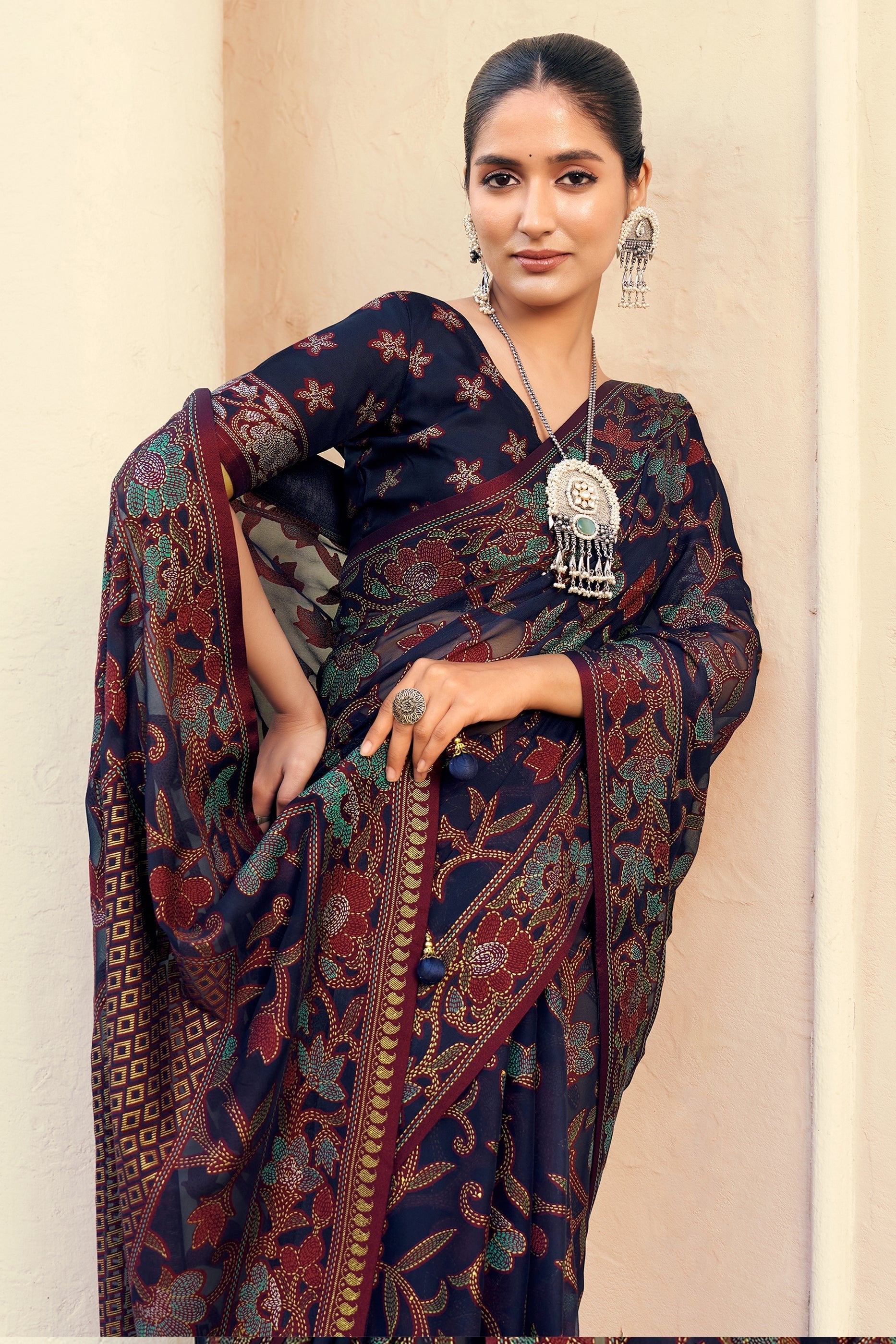 Dark Blue Printed Georgette Saree-SAR10119_2_SareeButa.com