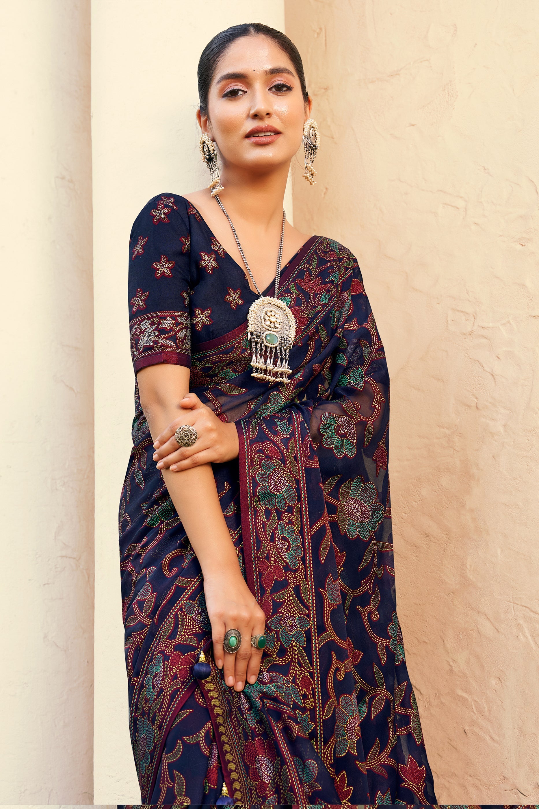Dark Blue Printed Georgette Saree-SAR10119_3_SareeButa.com