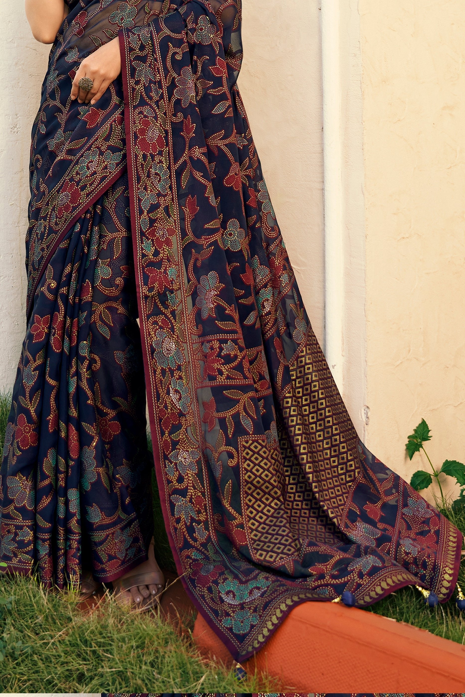 Dark Blue Printed Georgette Saree-SAR10119_5_SareeButa.com