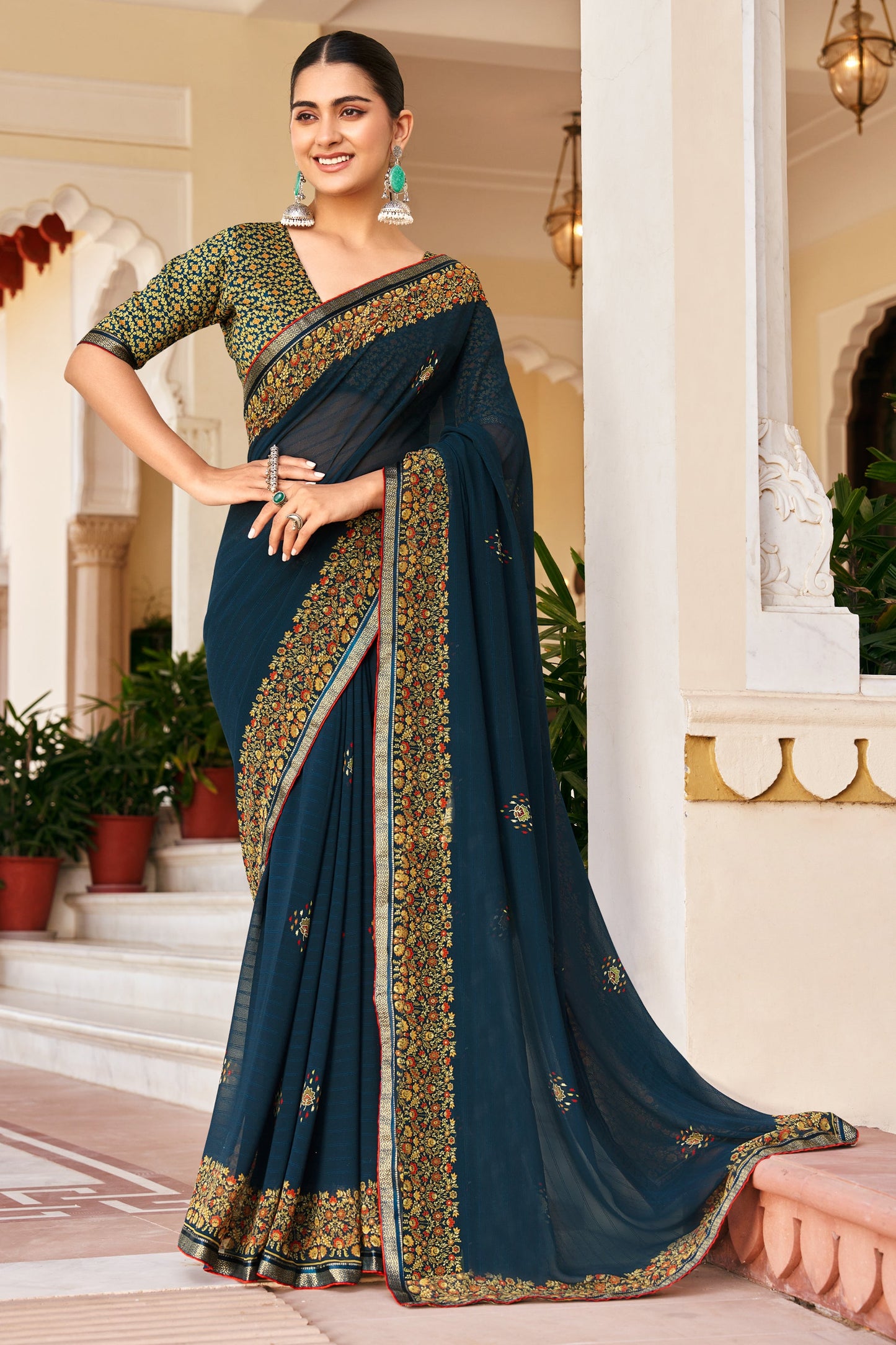 Dark Blue Printed Georgette Saree-SAR10151_1_SareeButa.com