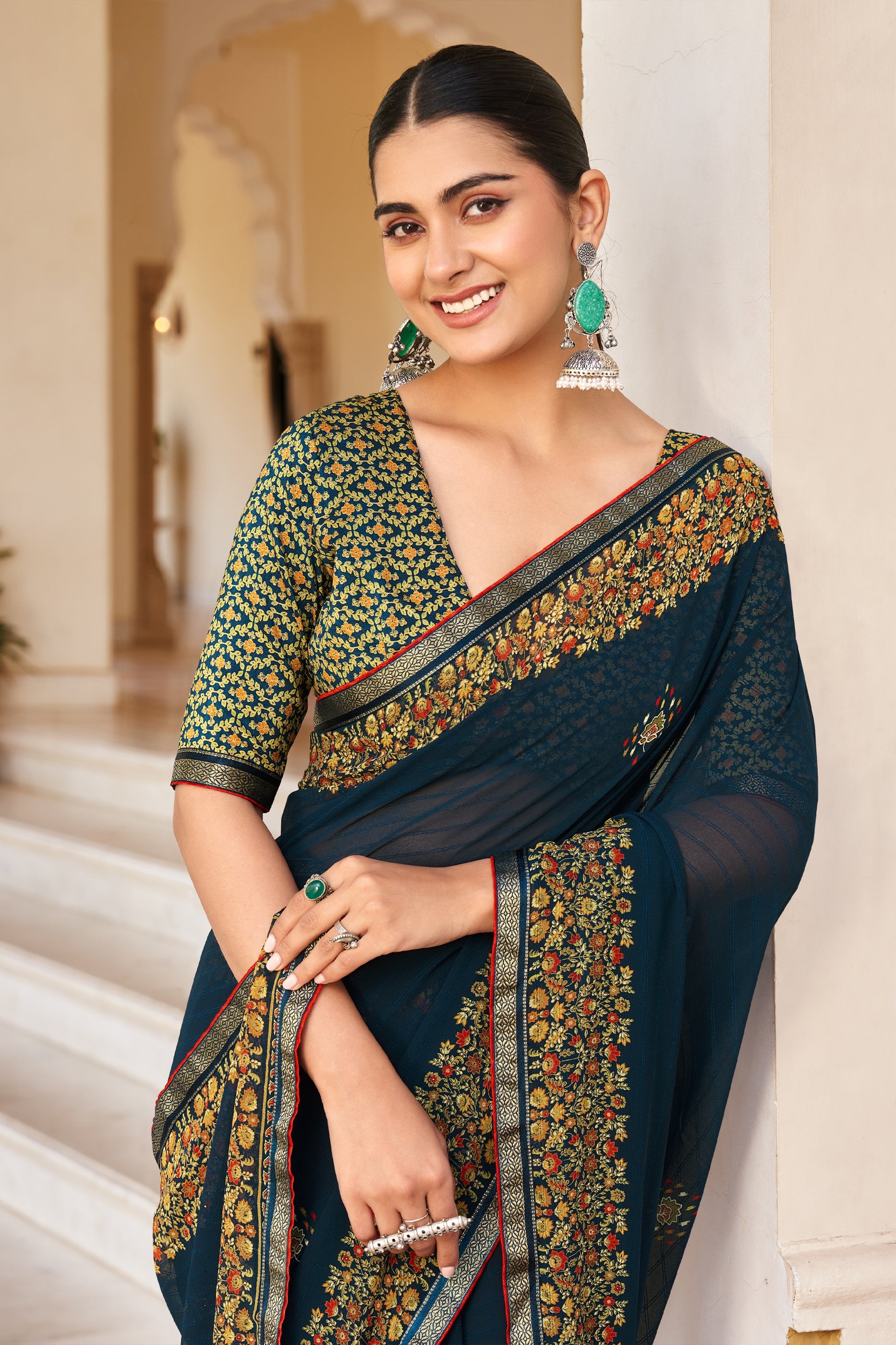 Dark Blue Printed Georgette Saree-SAR10151_2_SareeButa.com