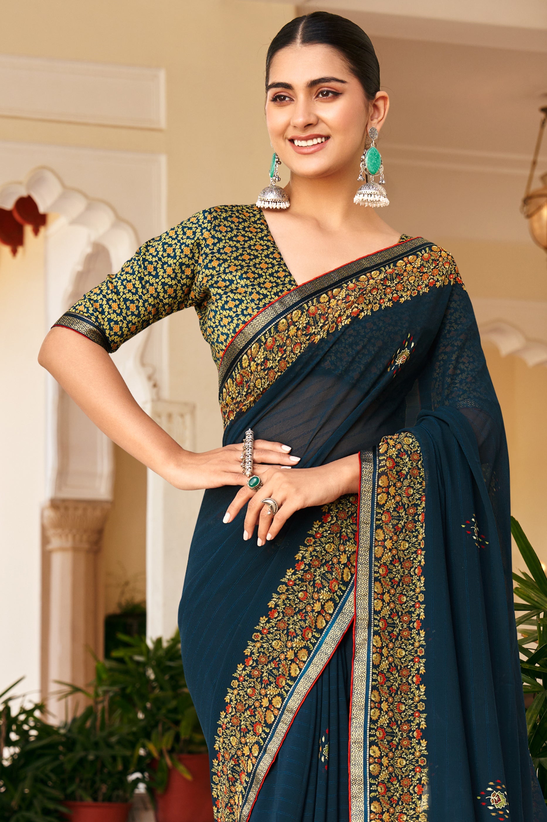 Dark Blue Printed Georgette Saree-SAR10151_3_SareeButa.com