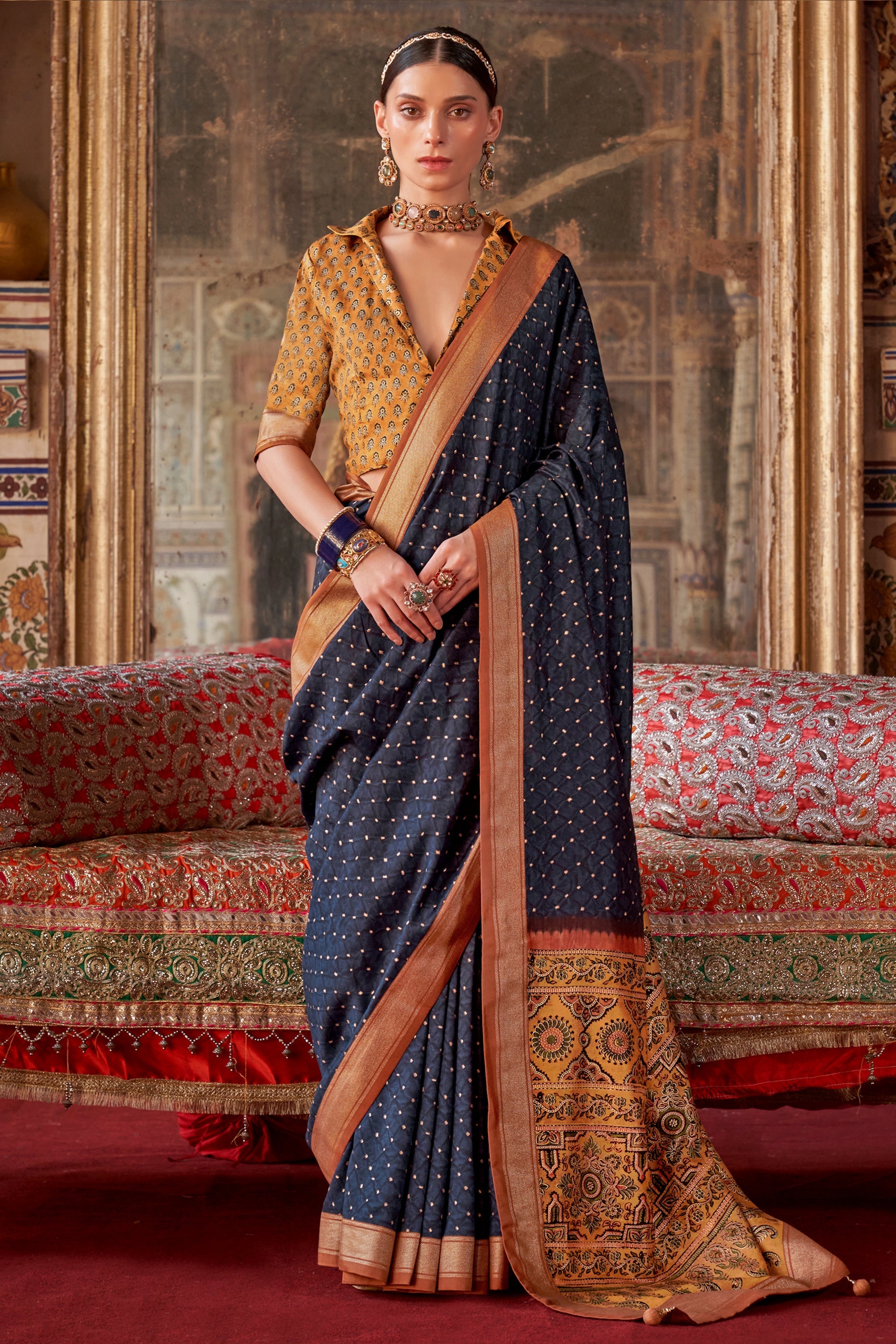Dark Blue Printed Silk Saree-SAR10113_1_SareeButa.com