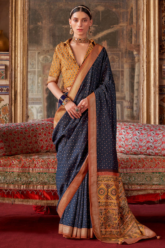Dark Blue Printed Silk Saree-SAR10113_1_SareeButa.com