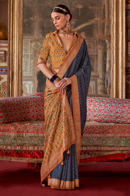 Dark Blue Printed Silk Saree-SAR10113_2_SareeButa.com