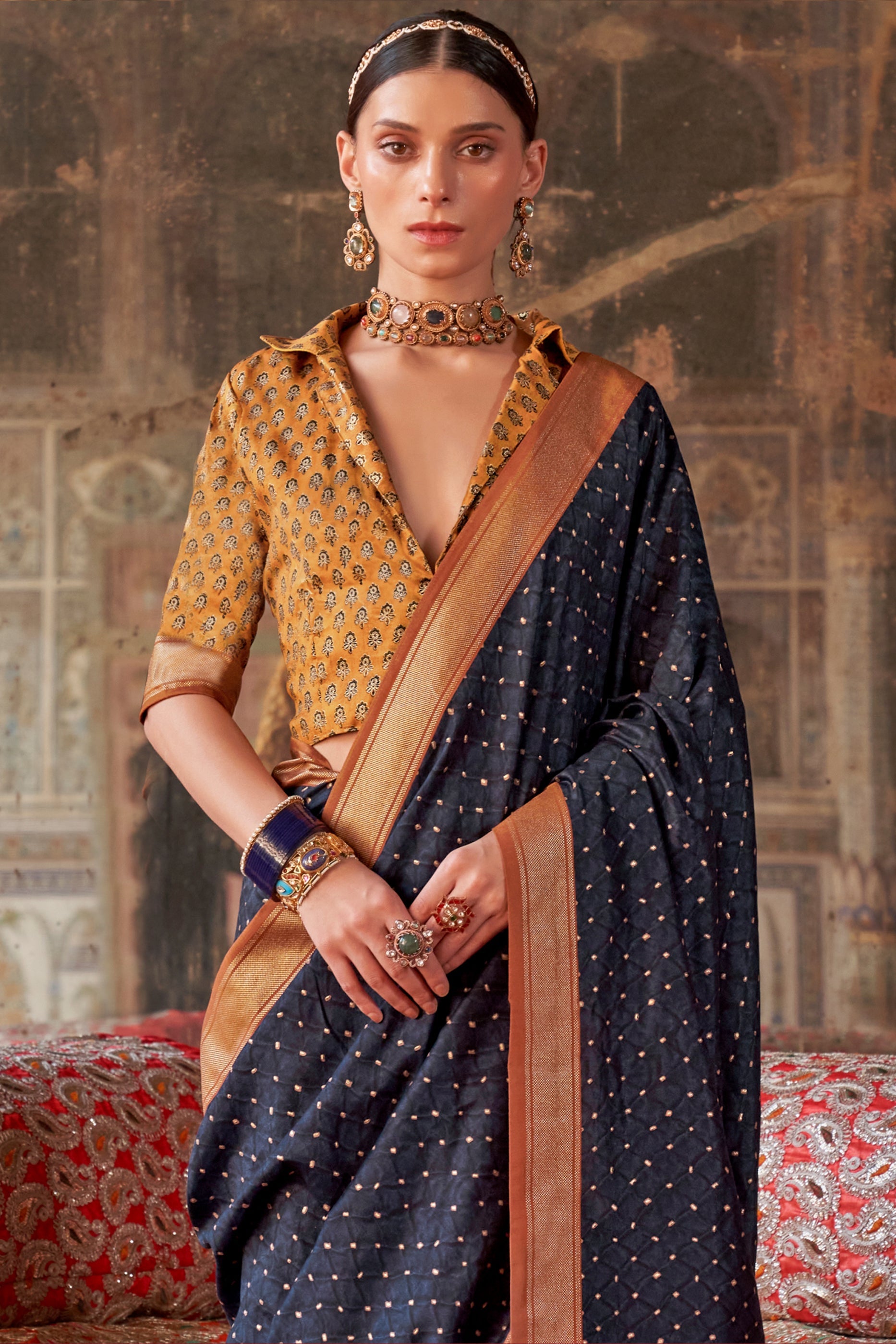 Dark Blue Printed Silk Saree-SAR10113_3_SareeButa.com
