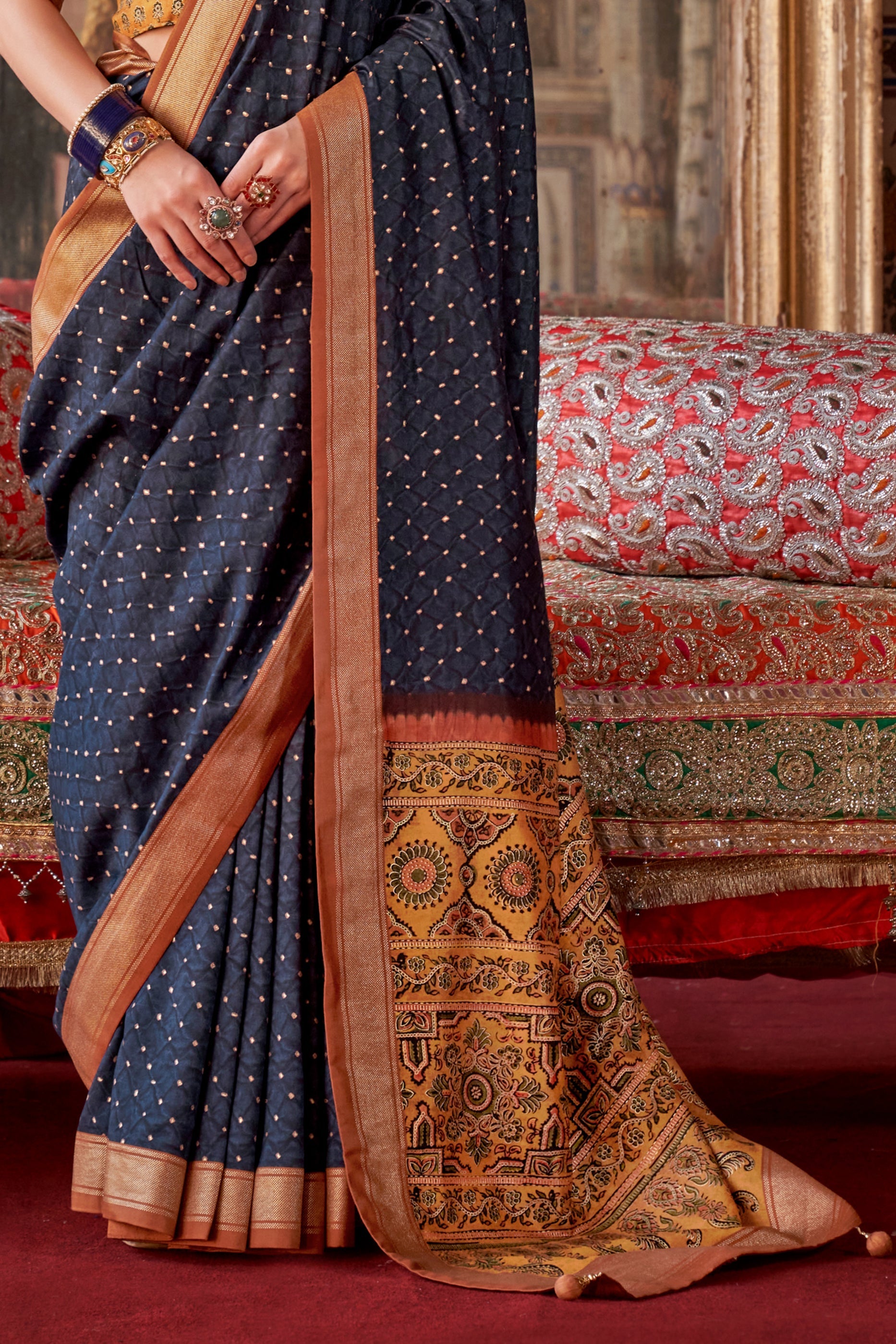 Dark Blue Printed Silk Saree-SAR10113_4_SareeButa.com