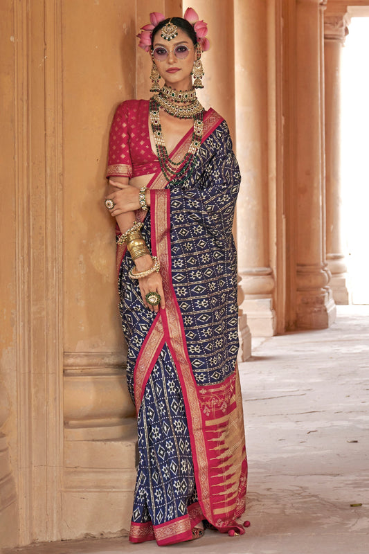 Dark Blue Printed Viscose Silk Patola Saree-SAR10164_1_SareeButa.com