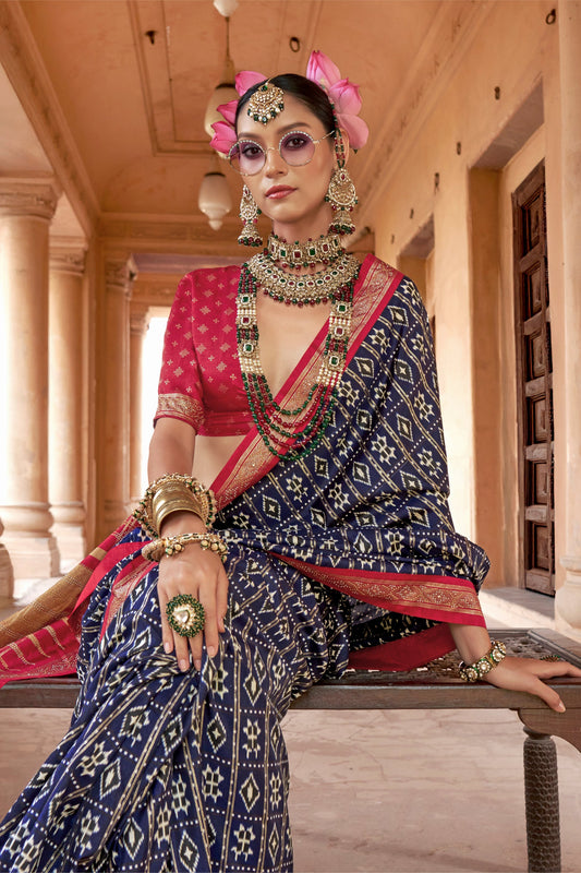 Dark Blue Printed Viscose Silk Patola Saree-SAR10164_2_SareeButa.com