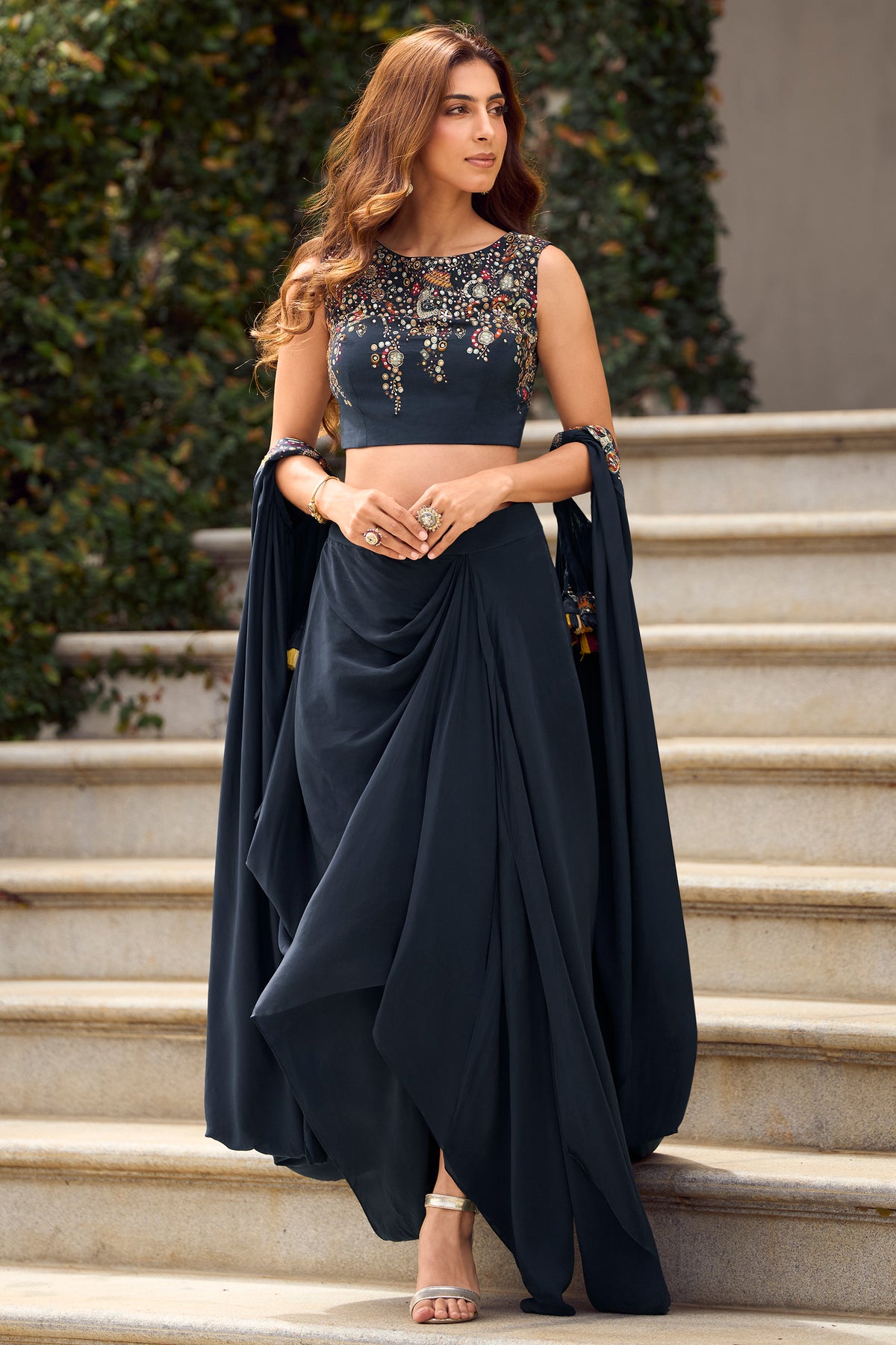 Dark Blue Readymade Embroidered Skirt Set With Shrug-SAR13321_1_SareeButa.com