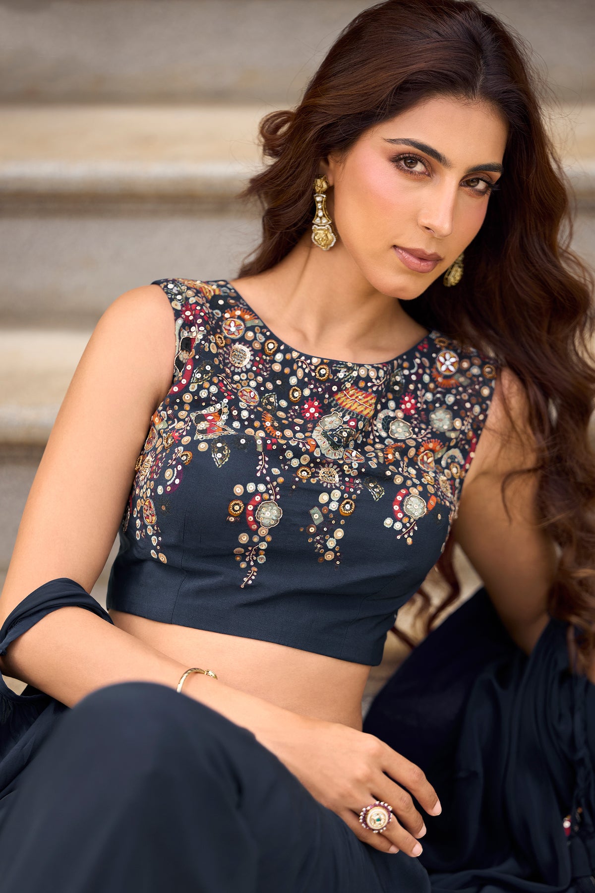 Dark Blue Readymade Embroidered Skirt Set With Shrug-SAR13321_2_SareeButa.com