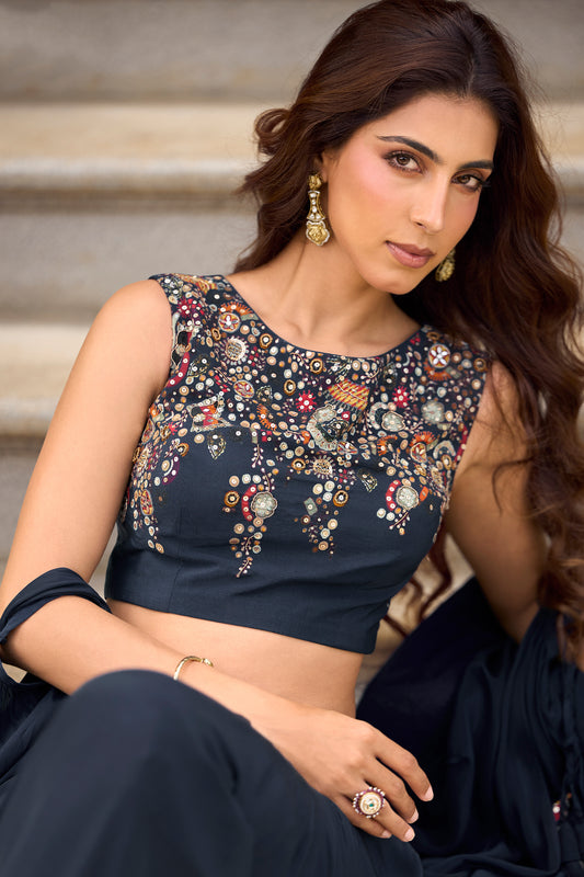 Dark Blue Readymade Embroidered Skirt Set With Shrug-SAR13321_2_SareeButa.com