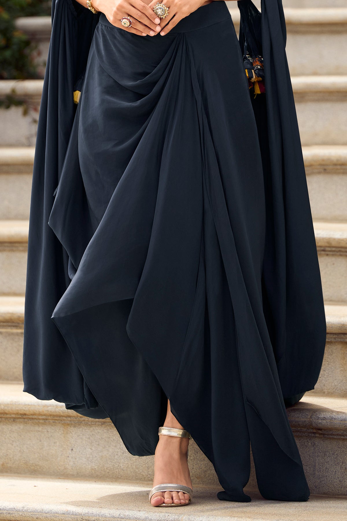 Dark Blue Readymade Embroidered Skirt Set With Shrug-SAR13321_6_SareeButa.com