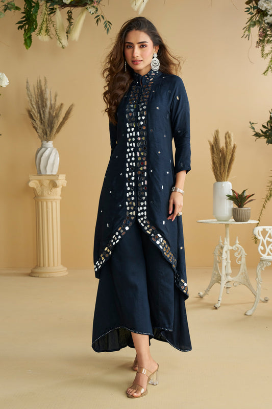 Dark Blue Readymade Mirror Work Silk Palazzo Set-SAR10772_1_SareeButa.com