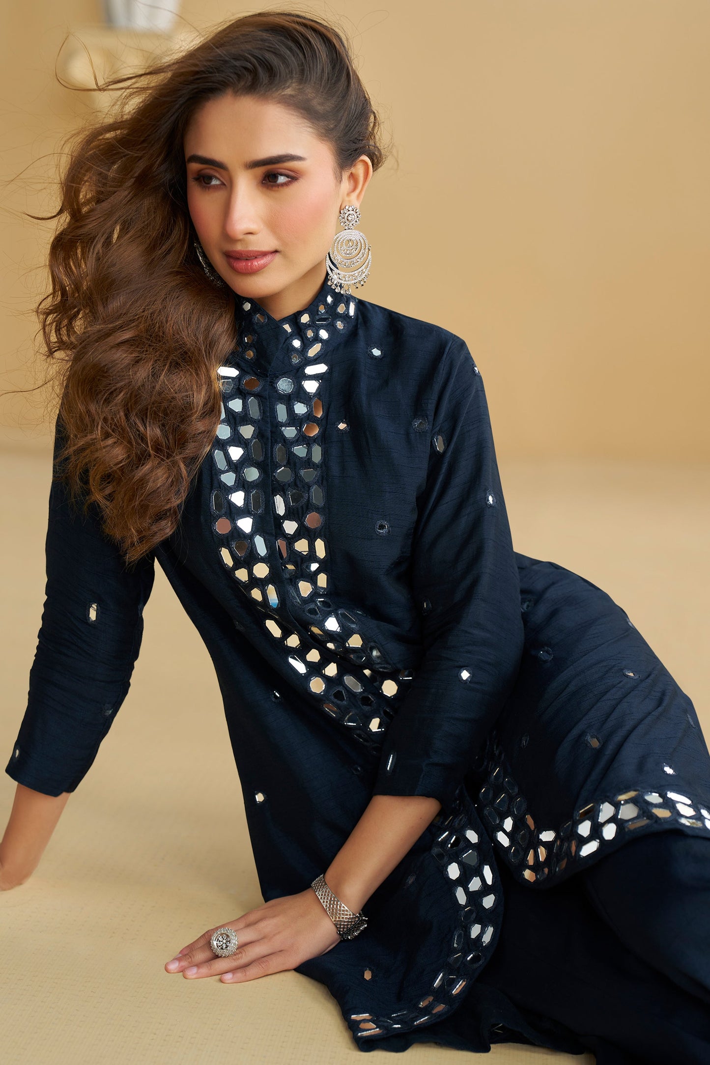 Dark Blue Readymade Mirror Work Silk Palazzo Set-SAR10772_2_SareeButa.com