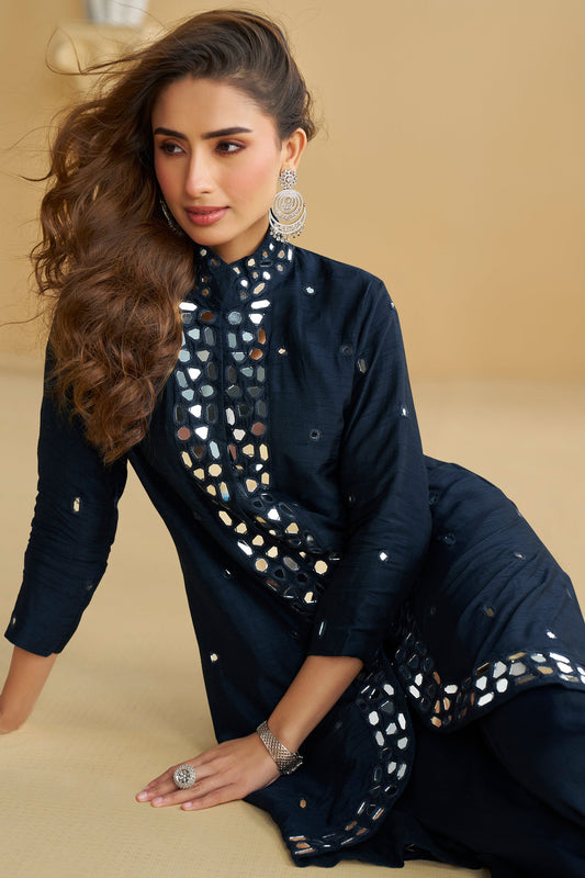 Dark Blue Readymade Mirror Work Silk Palazzo Set-SAR10772_2_SareeButa.com
