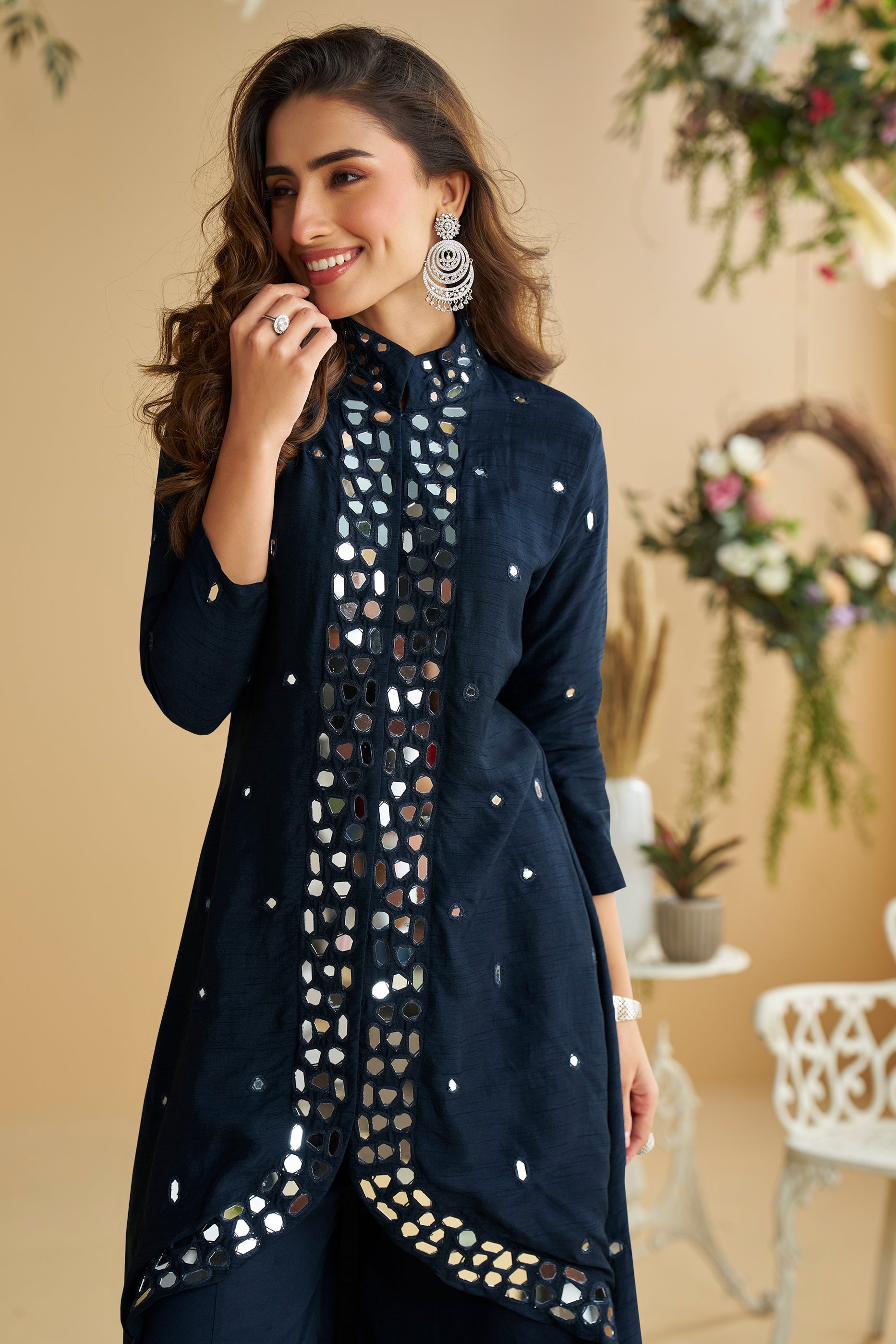 Dark Blue Readymade Mirror Work Silk Palazzo Set-SAR10772_3_SareeButa.com