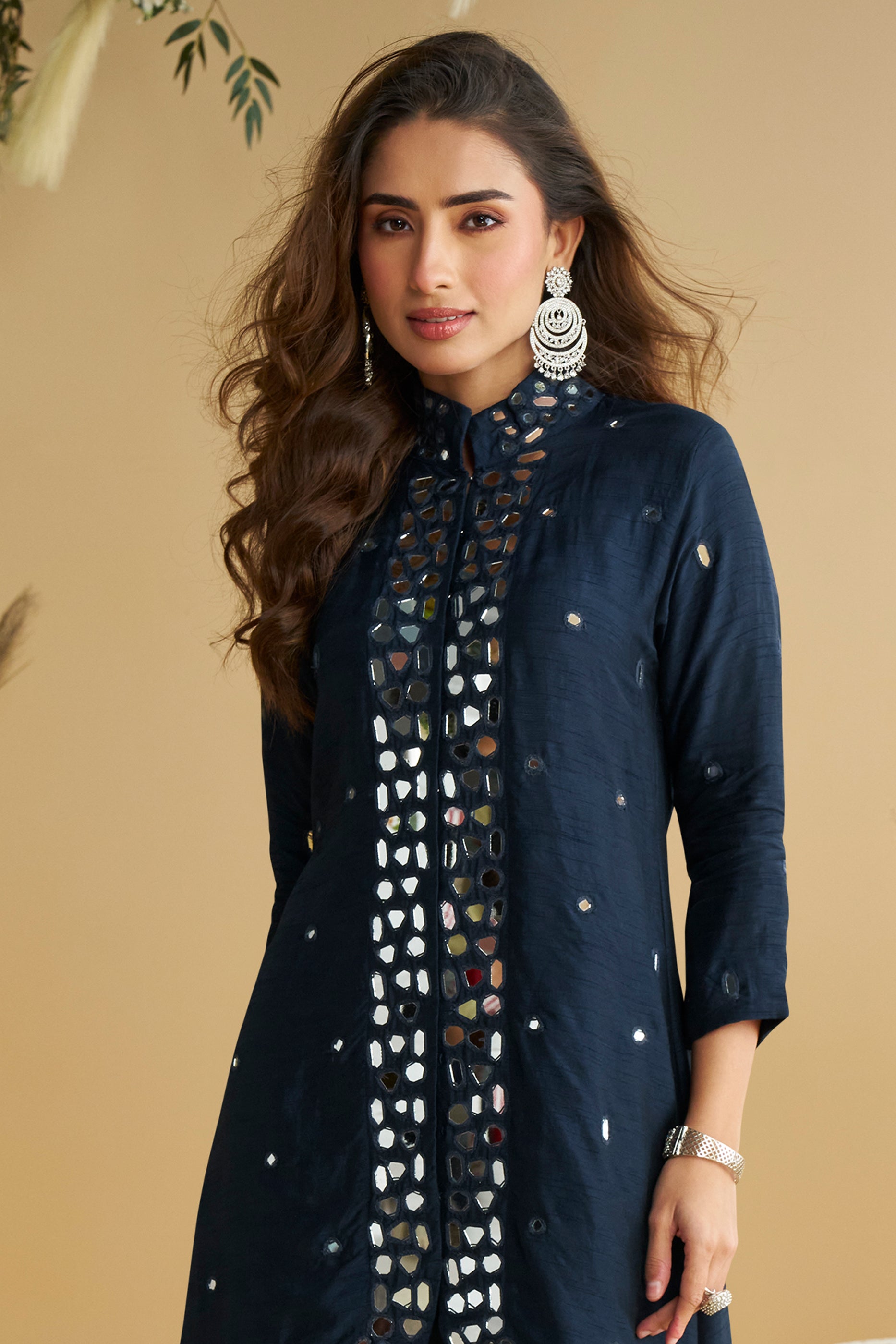 Dark Blue Readymade Mirror Work Silk Palazzo Set-SAR10772_4_SareeButa.com