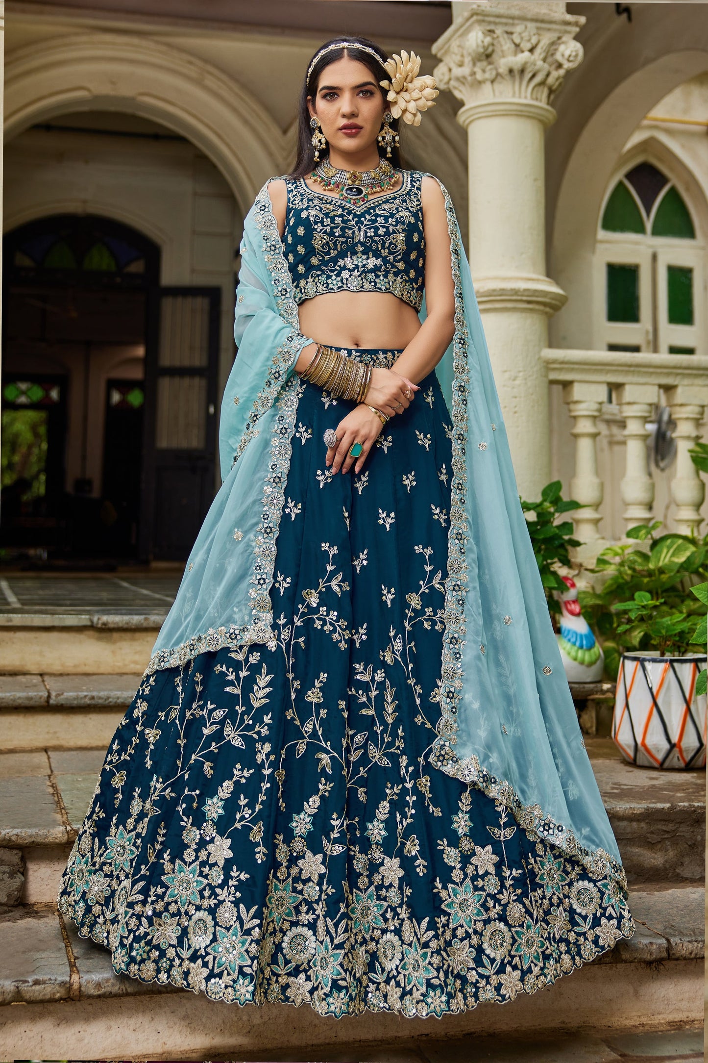 Dark Blue Readymade Embroidered Organza Silk Lehenga-SAR10067_1_SareeButa.com