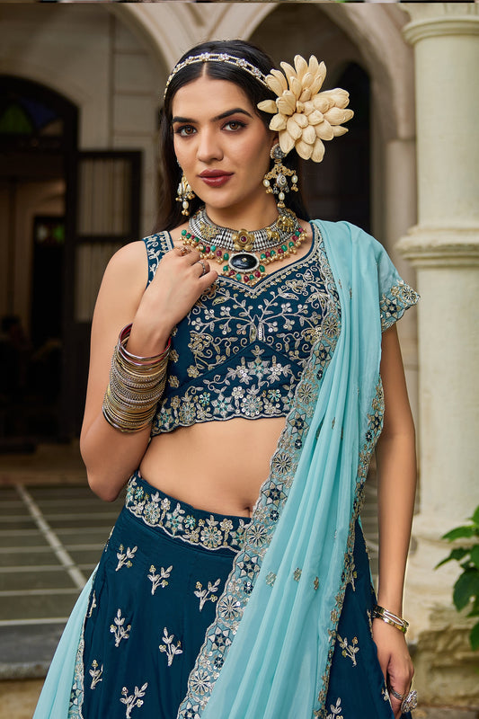 Dark Blue Readymade Embroidered Organza Silk Lehenga-SAR10067_2_SareeButa.com