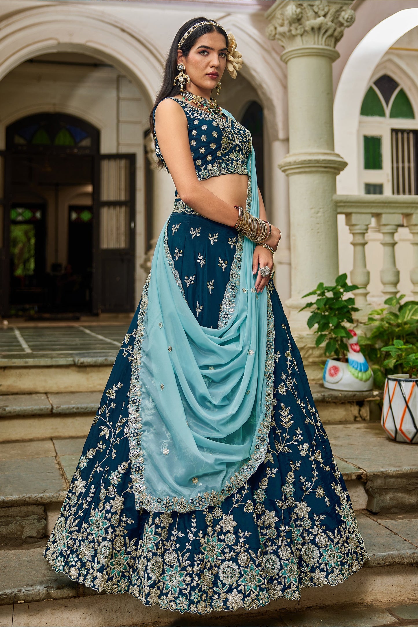 Dark Blue Readymade Embroidered Organza Silk Lehenga-SAR10067_3_SareeButa.com