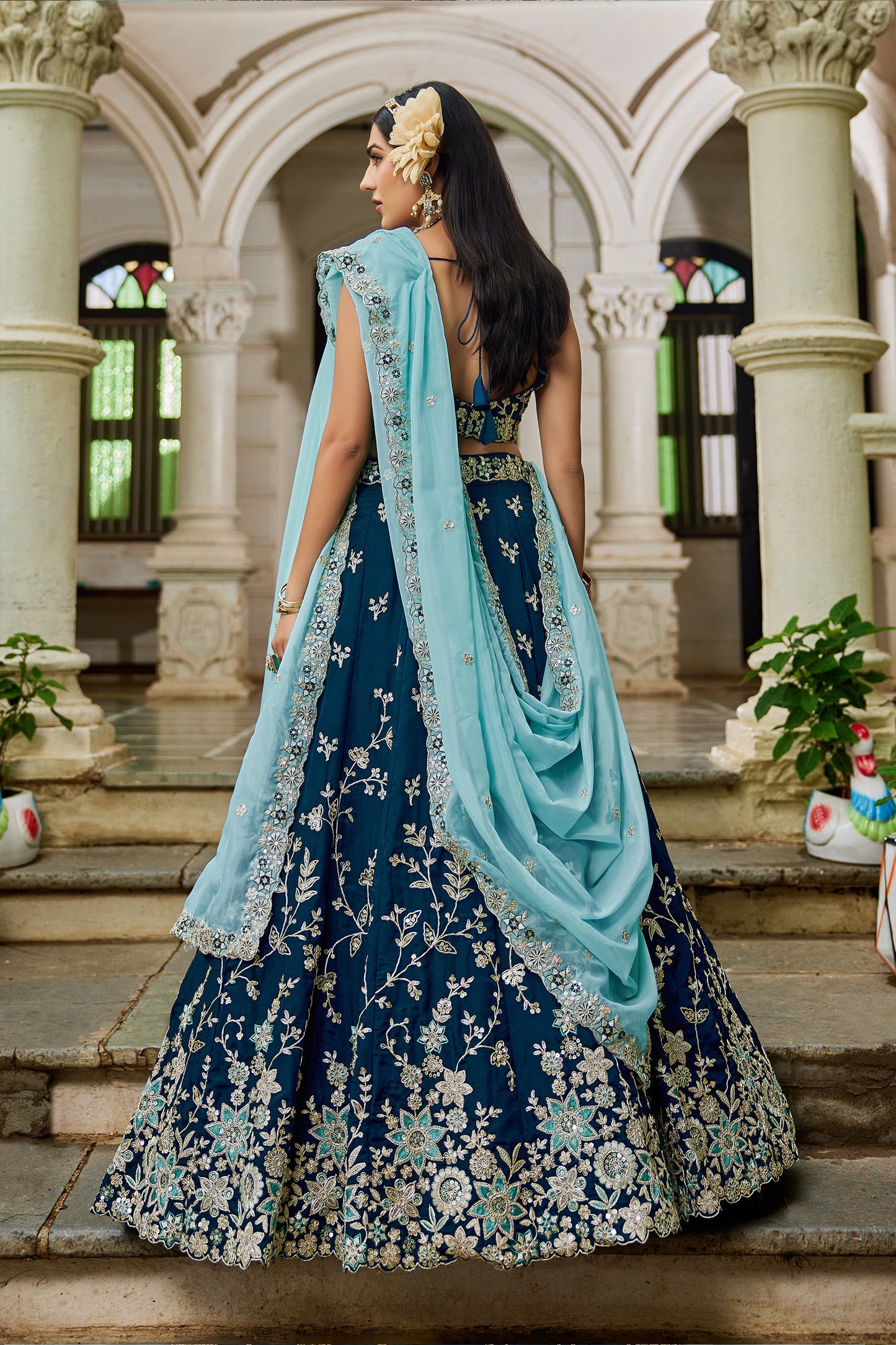 Dark Blue Readymade Embroidered Organza Silk Lehenga-SAR10067_4_SareeButa.com
