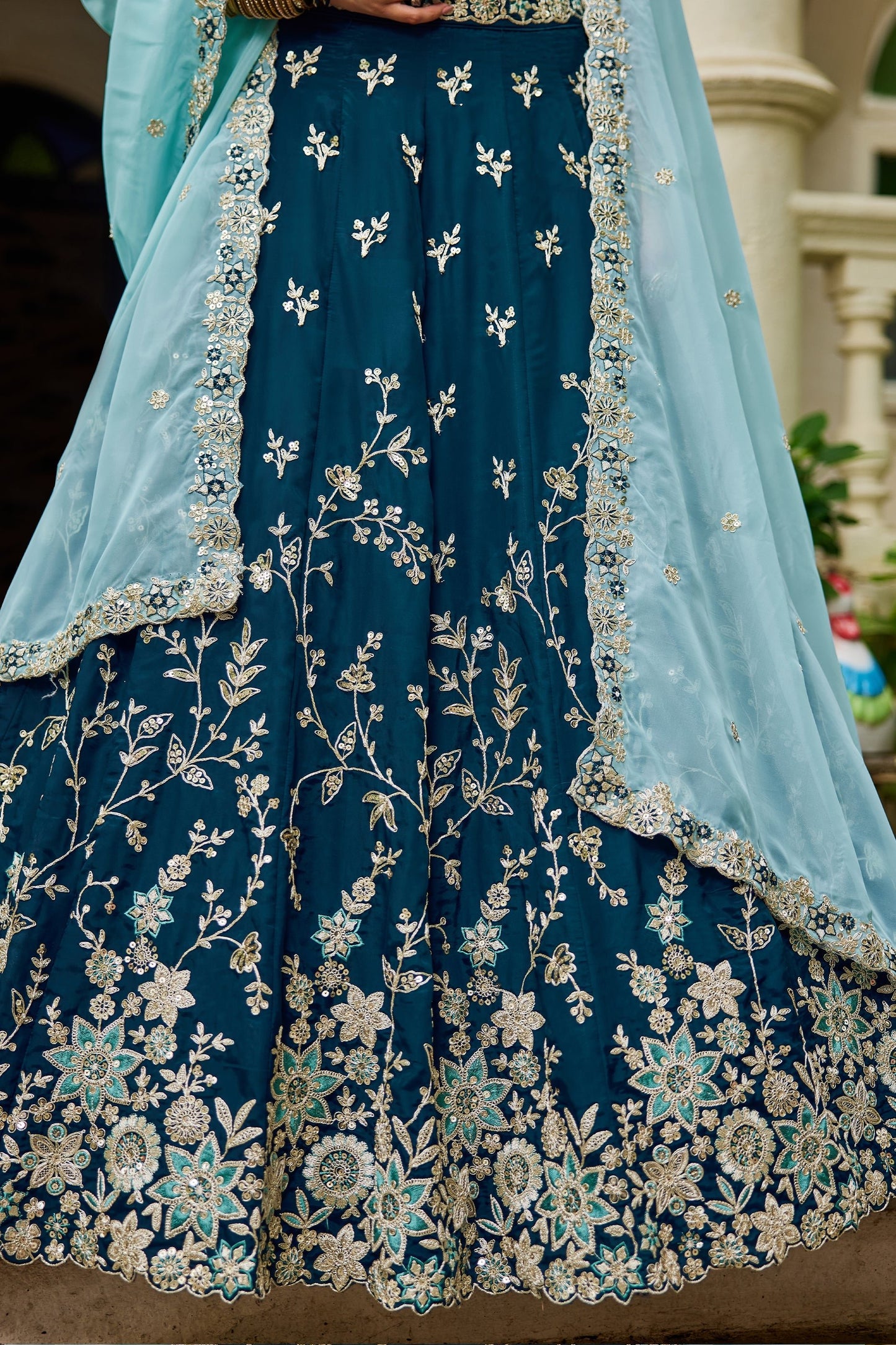 Dark Blue Readymade Embroidered Organza Silk Lehenga-SAR10067_5_SareeButa.com