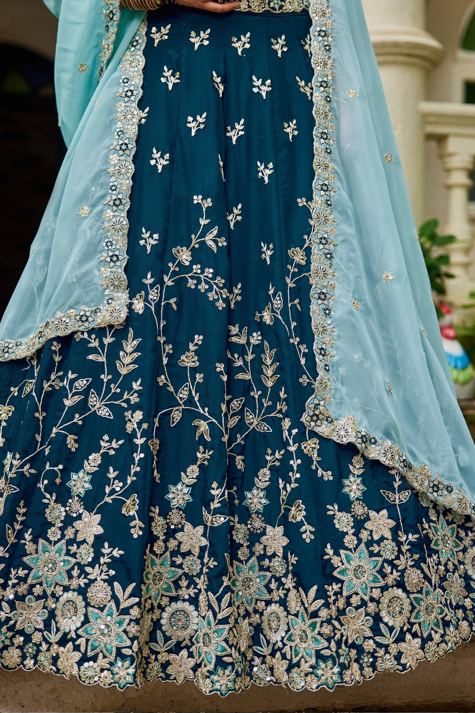 Dark Blue Readymade Embroidered Organza Silk Lehenga-SAR10067_5_SareeButa.com