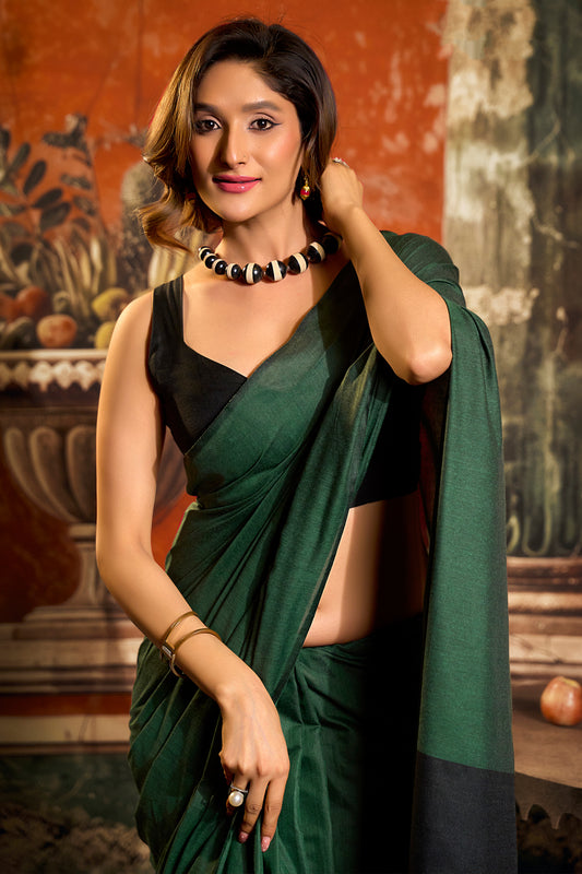 Dark Green Cotton Saree with Color Block Pallu-SAR12718_2_SareeButa.com