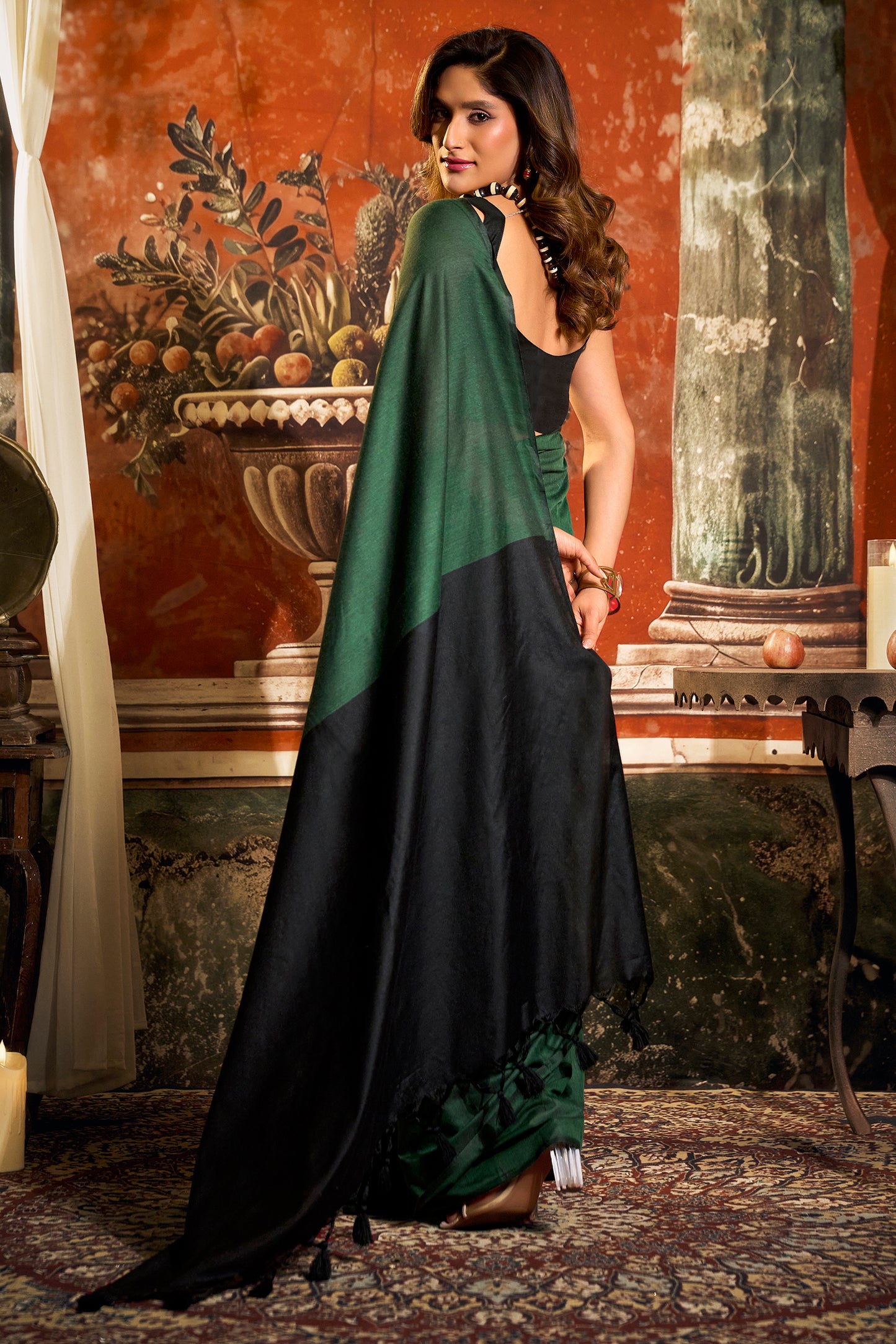 Dark Green Cotton Saree with Color Block Pallu-SAR12718_5_SareeButa.com