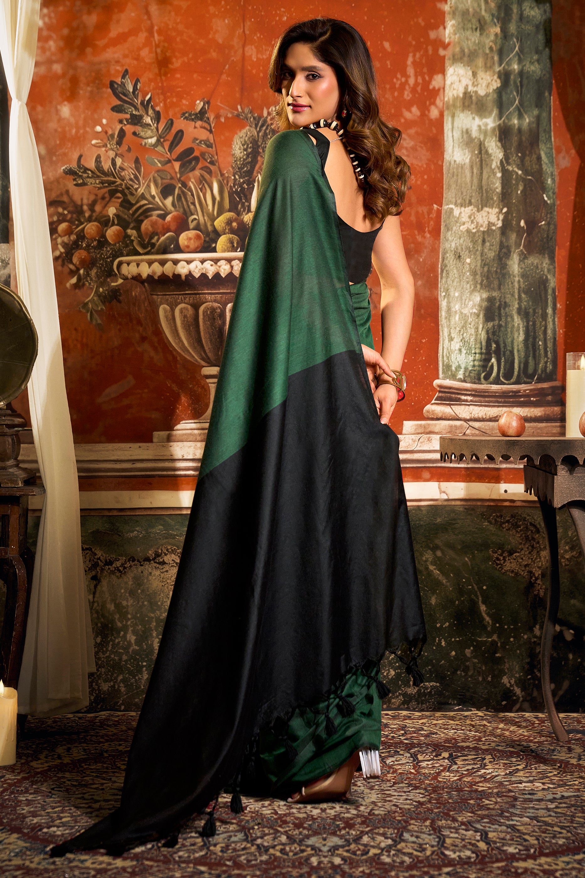 Dark Green Cotton Saree with Color Block Pallu-SAR12718_5_SareeButa.com