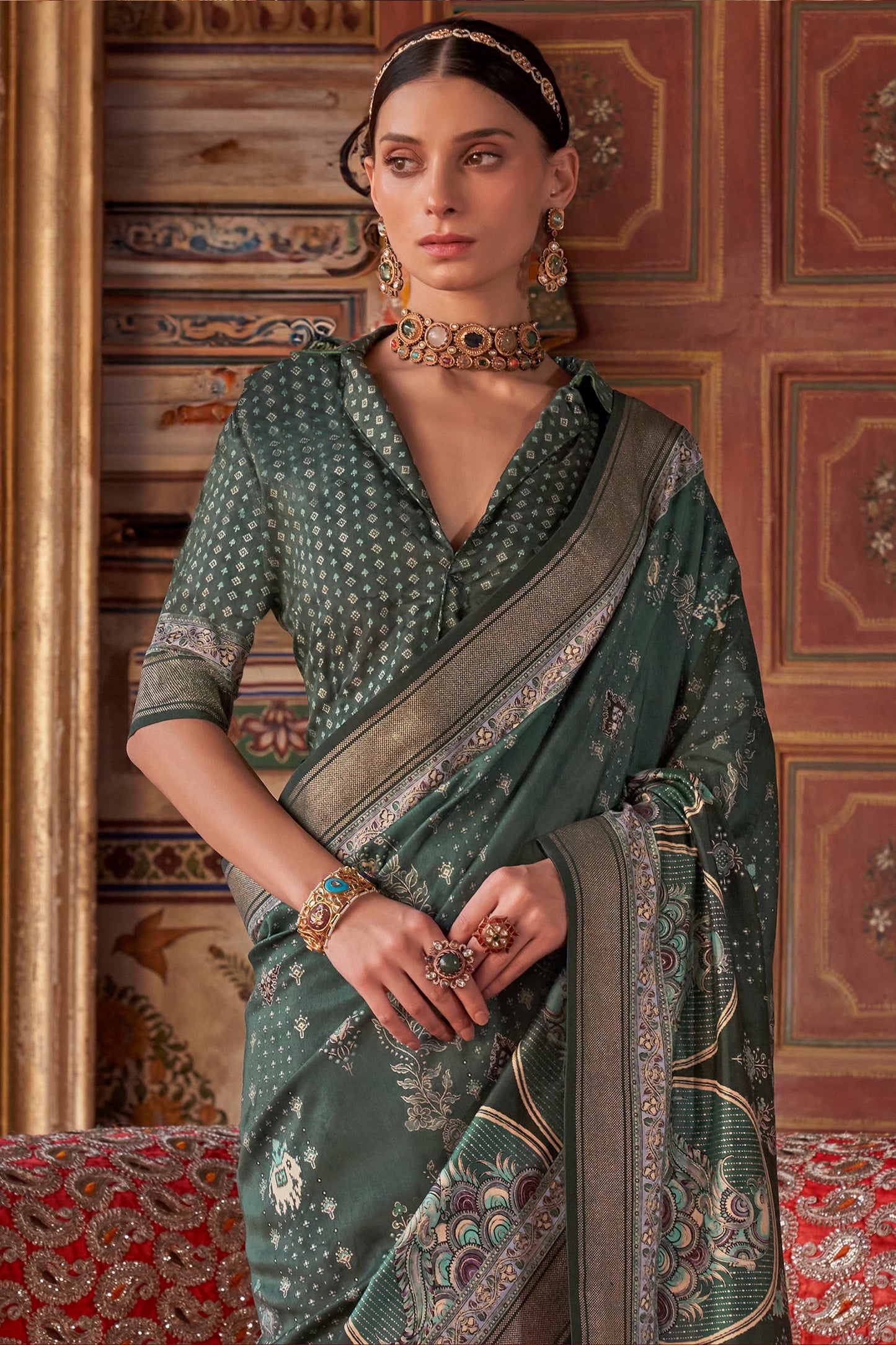 Dark Green Printed Silk Saree-SAR10115_3_SareeButa.com