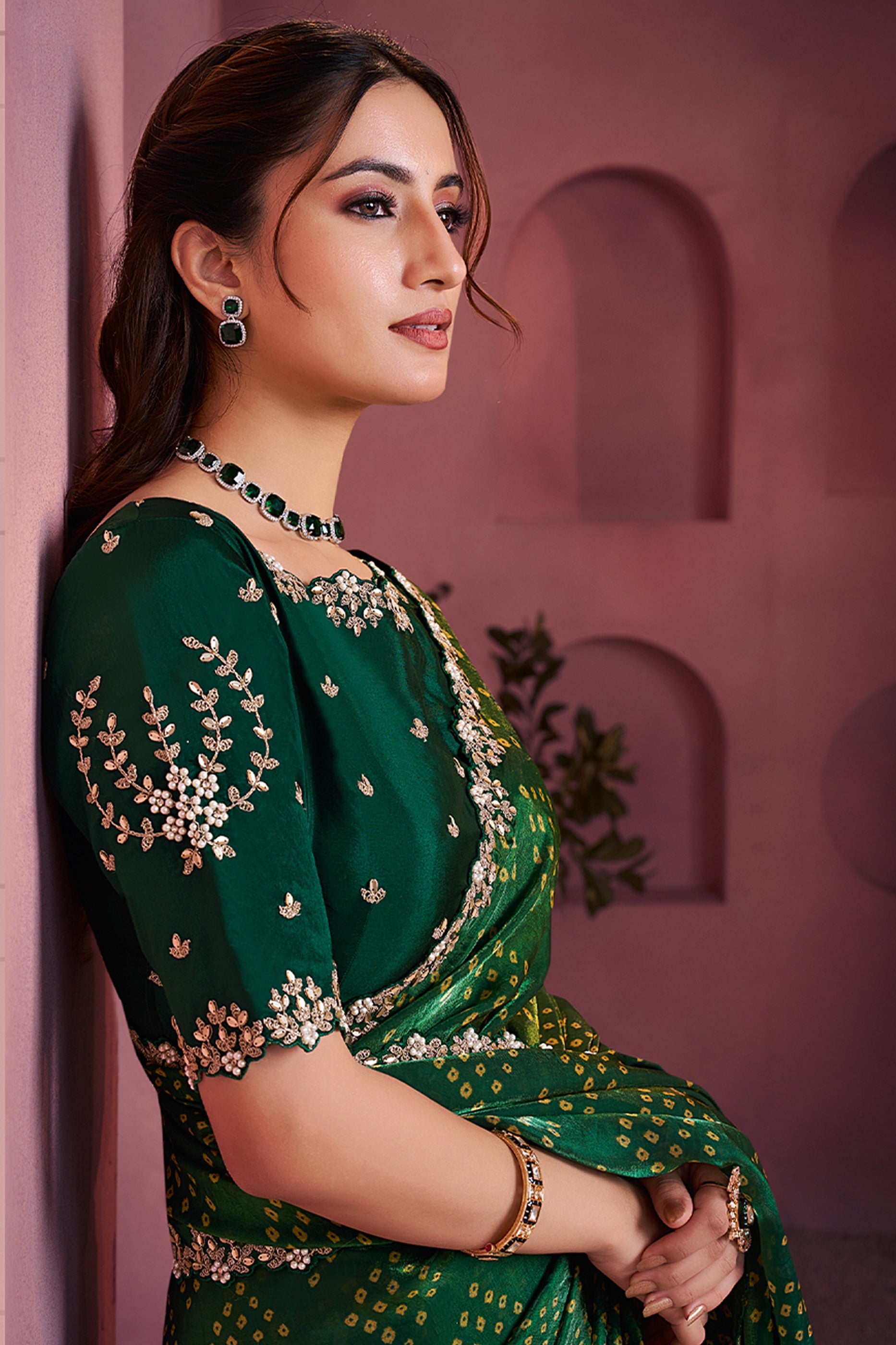 Dark Green Satin Silk Bandhani Saree-SAR10885_2_SareeButa.com