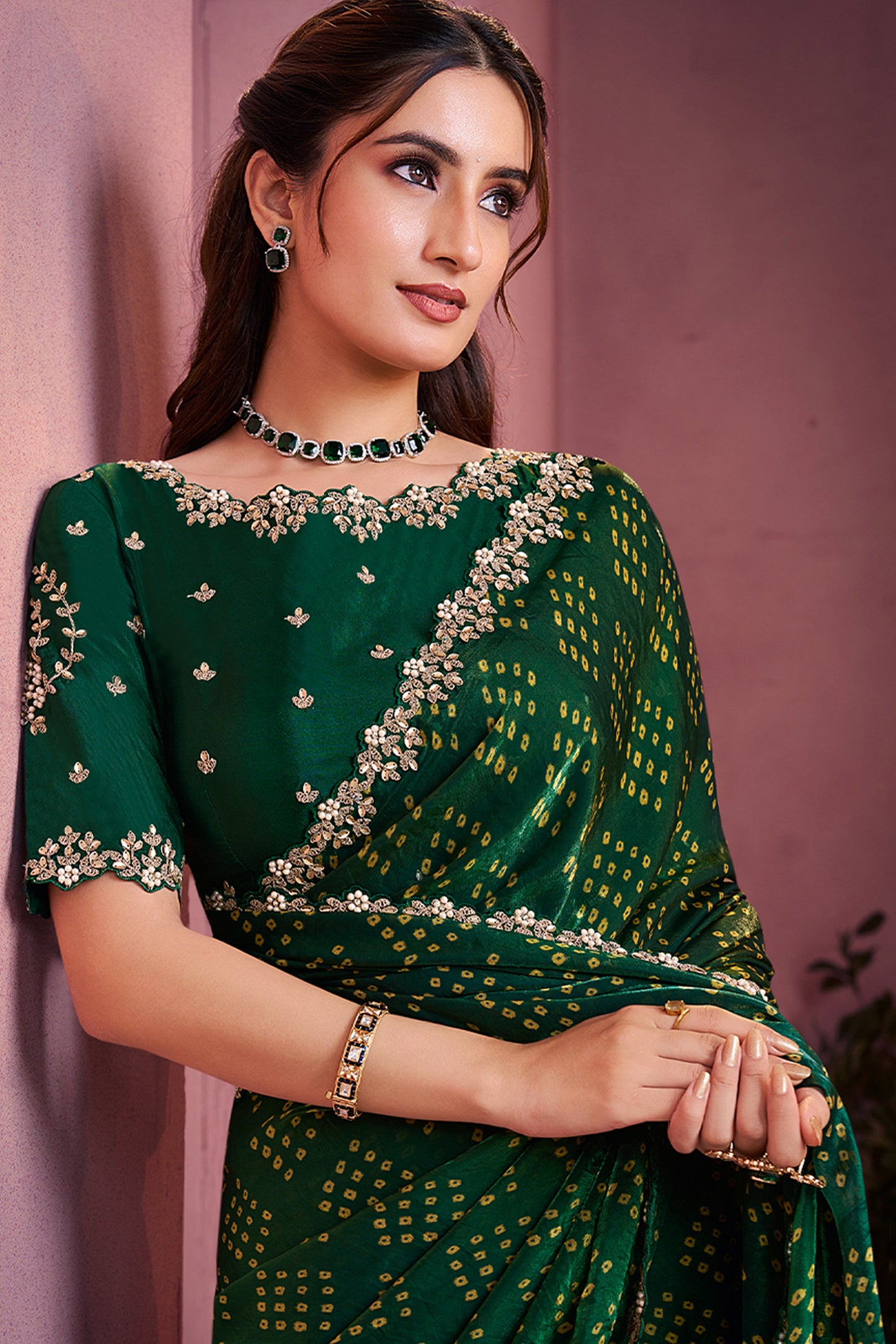 Dark Green Satin Silk Bandhani Saree-SAR10885_3_SareeButa.com