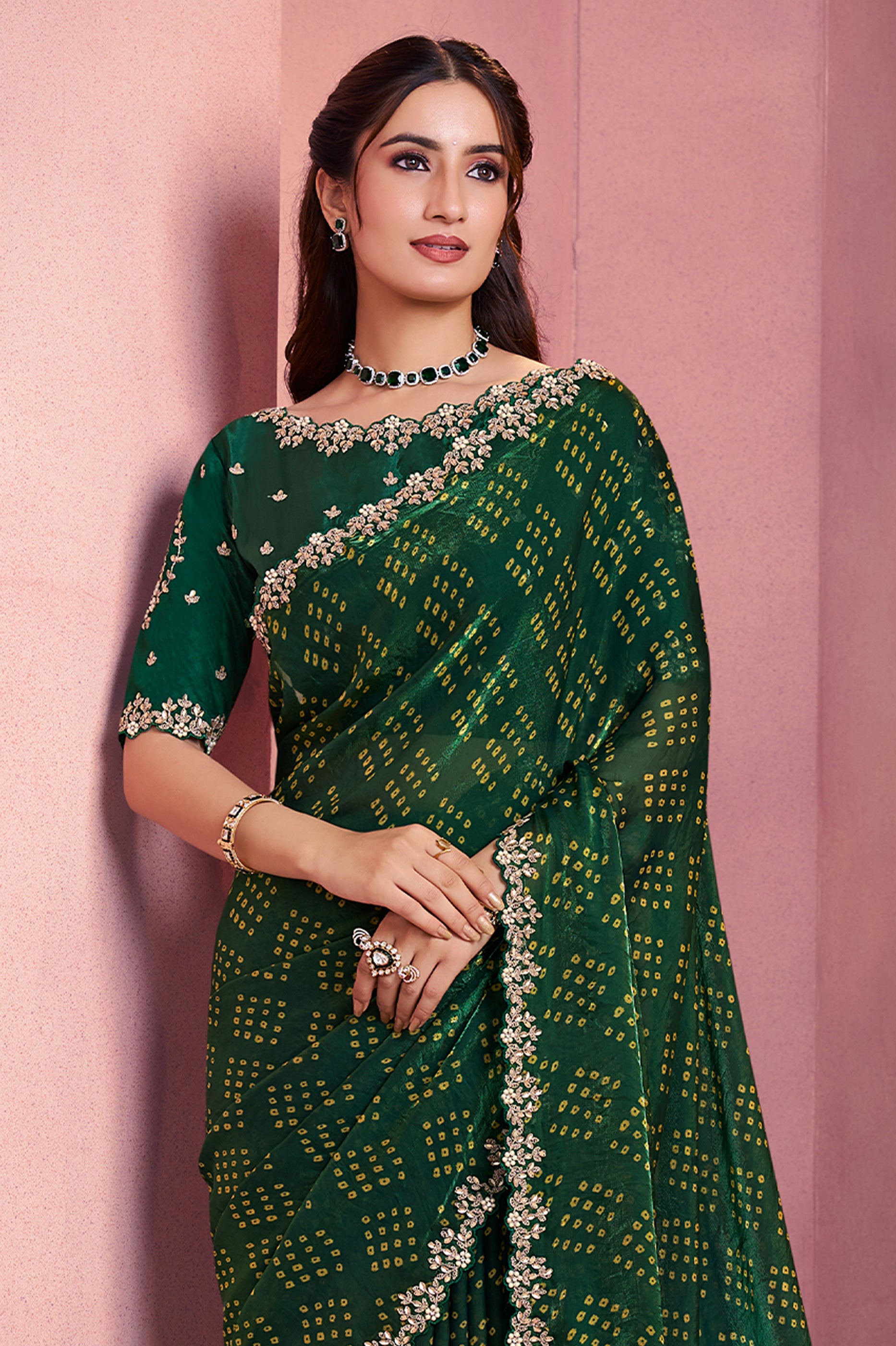 Dark Green Satin Silk Bandhani Saree-SAR10885_4_SareeButa.com